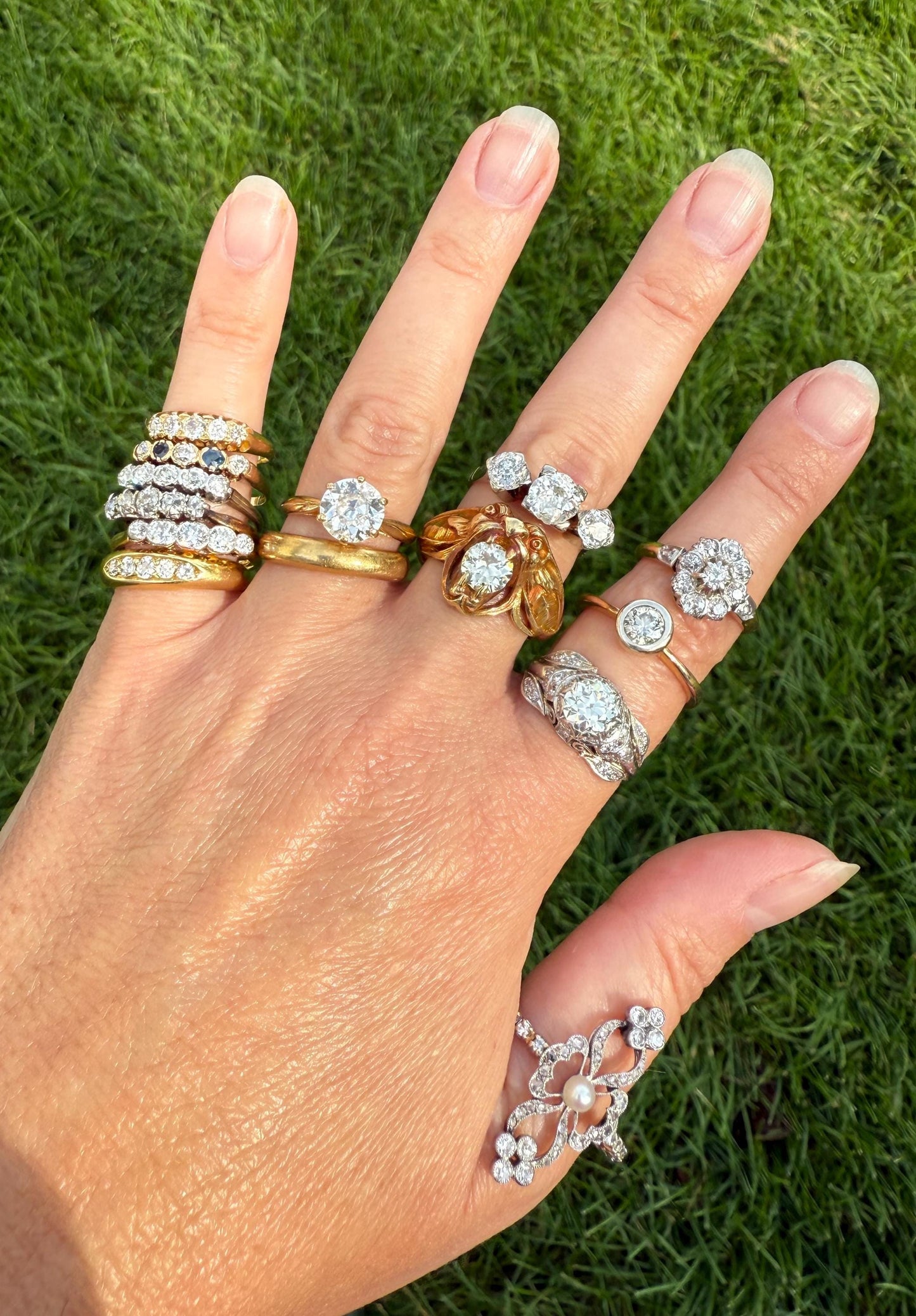 Antique Five Stone Old Mine Cut Diamond 18k White Gold Platinum Tall Skinny Band Romantic Gift Wedding Stacker Ringstack OMC