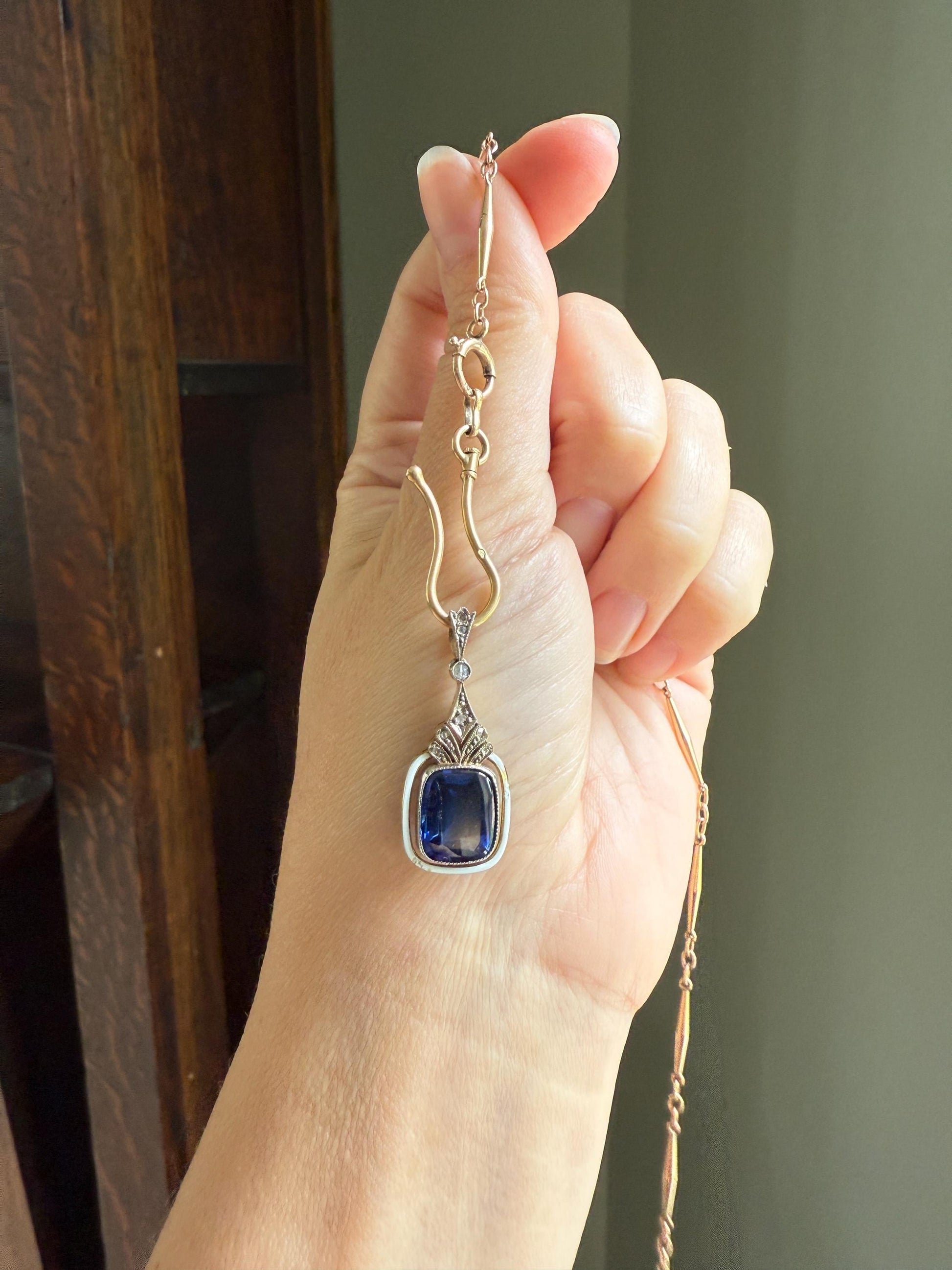 Buff Top SAPPHIRE Antique Edwardian 18k Gold Rose Cut Diamond Pendant White Enamel Halo Something Blue Gift Bridal Drop Dangle