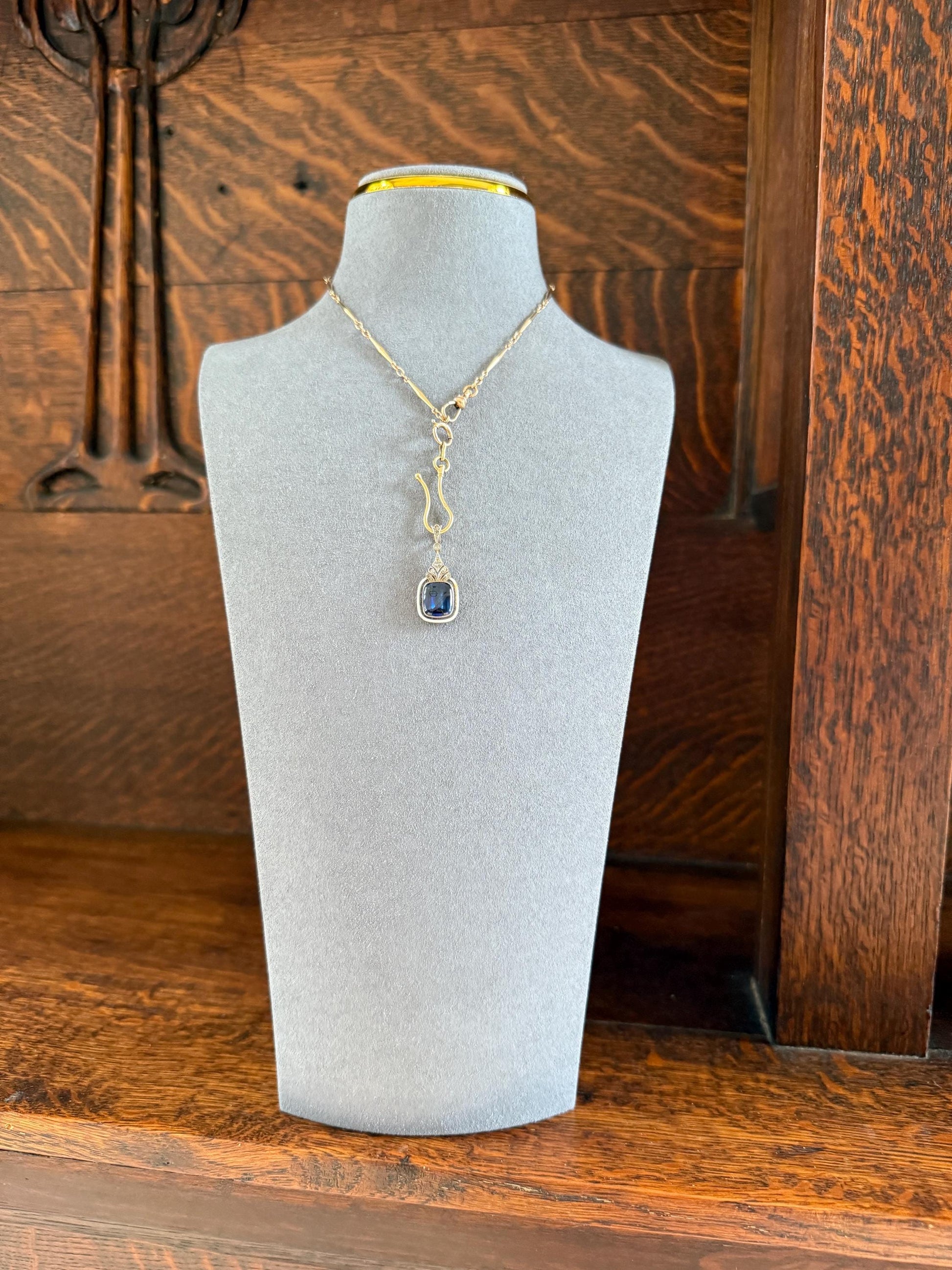 Buff Top SAPPHIRE Antique Edwardian 18k Gold Rose Cut Diamond Pendant White Enamel Halo Something Blue Gift Bridal Drop Dangle