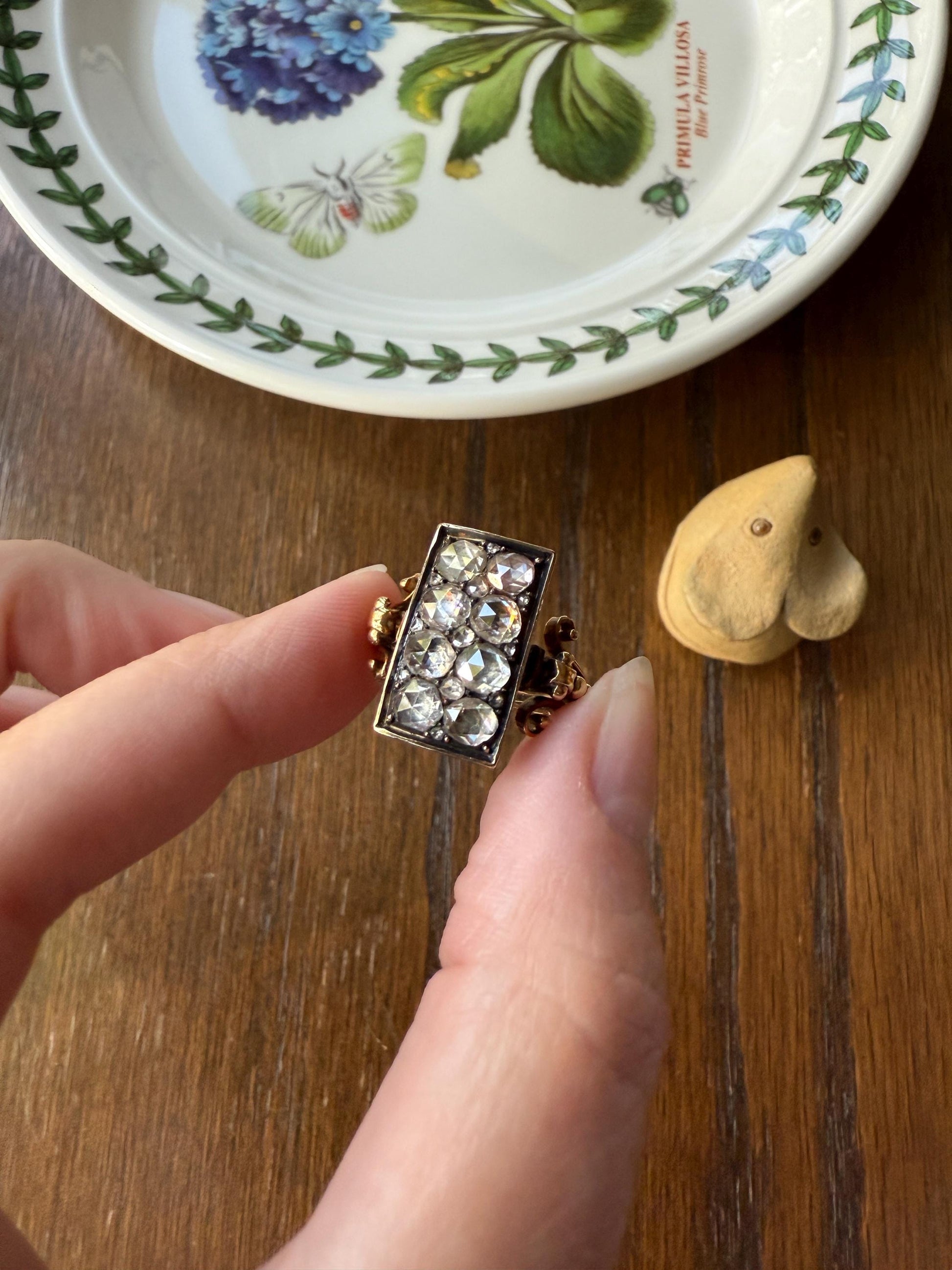 Georgian Era Antique 1 CARAT+ Rose Cut DIAMOND Disco Ball Grid Panel Lozenge Cluster Ring 18k Gold Silver Collets Stacker Gift Faces Up 2Ctw