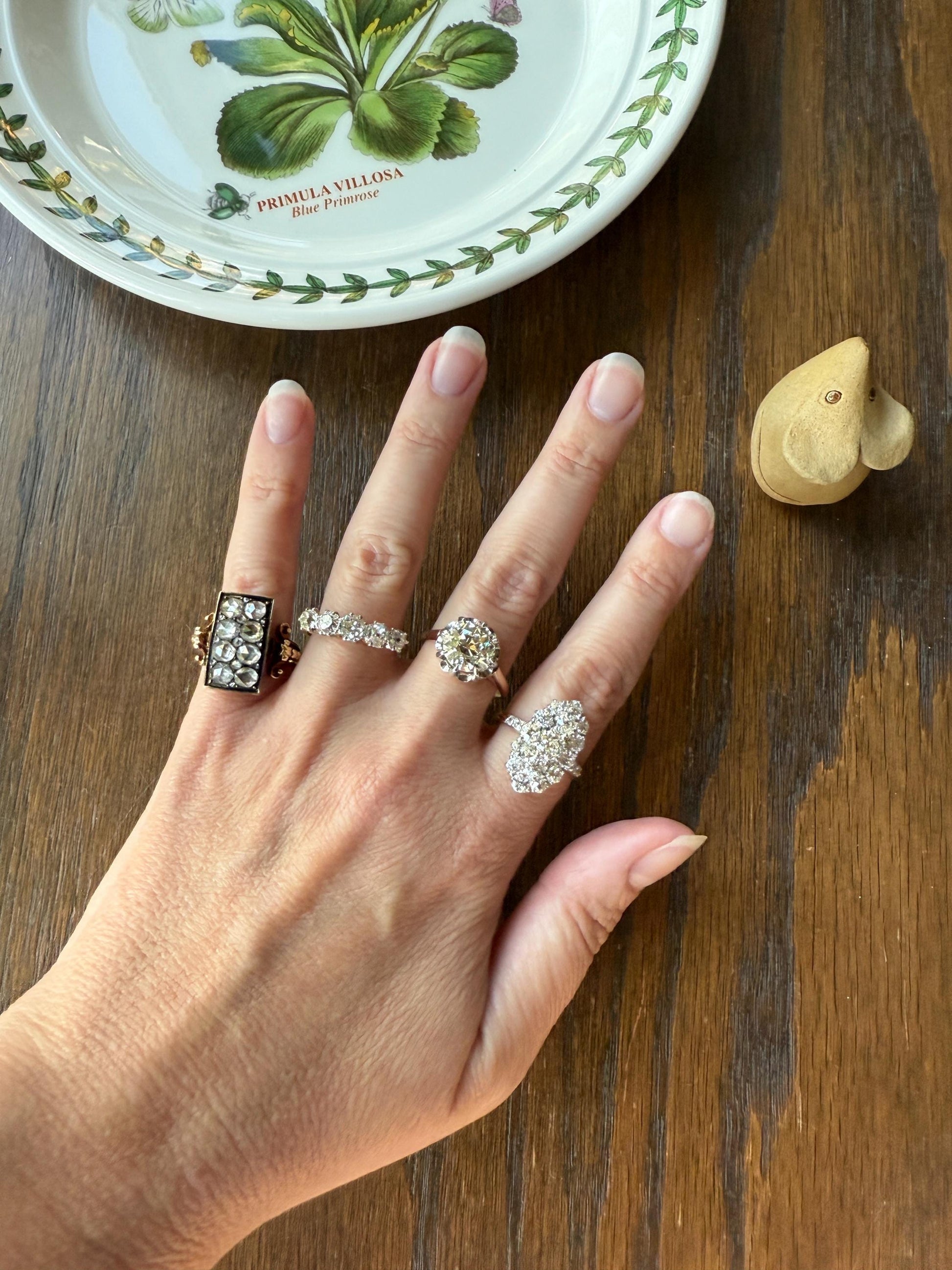 Georgian Era Antique 1 CARAT+ Rose Cut DIAMOND Disco Ball Grid Panel Lozenge Cluster Ring 18k Gold Silver Collets Stacker Gift Faces Up 2Ctw