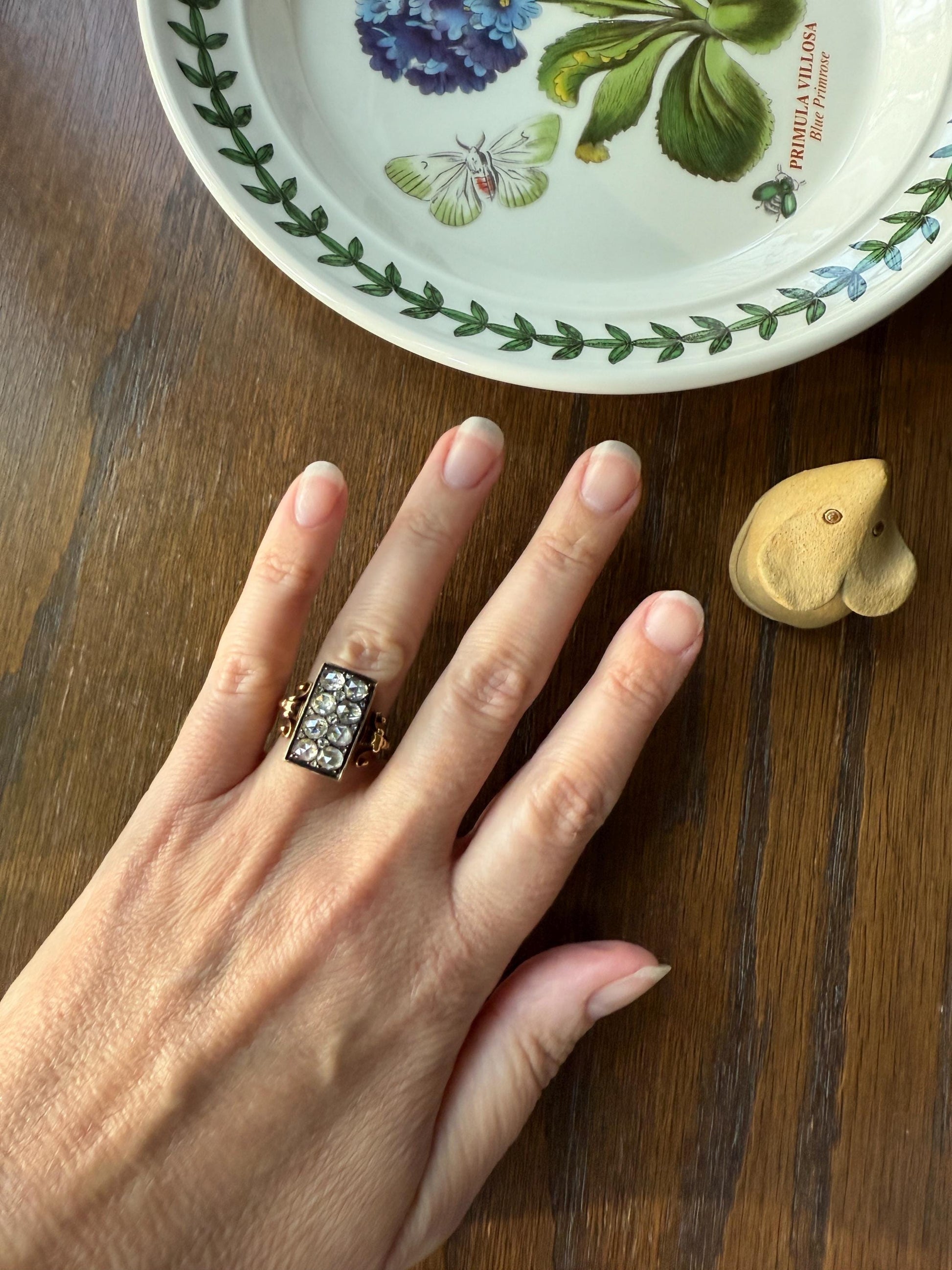 Georgian Era Antique 1 CARAT+ Rose Cut DIAMOND Disco Ball Grid Panel Lozenge Cluster Ring 18k Gold Silver Collets Stacker Gift Faces Up 2Ctw