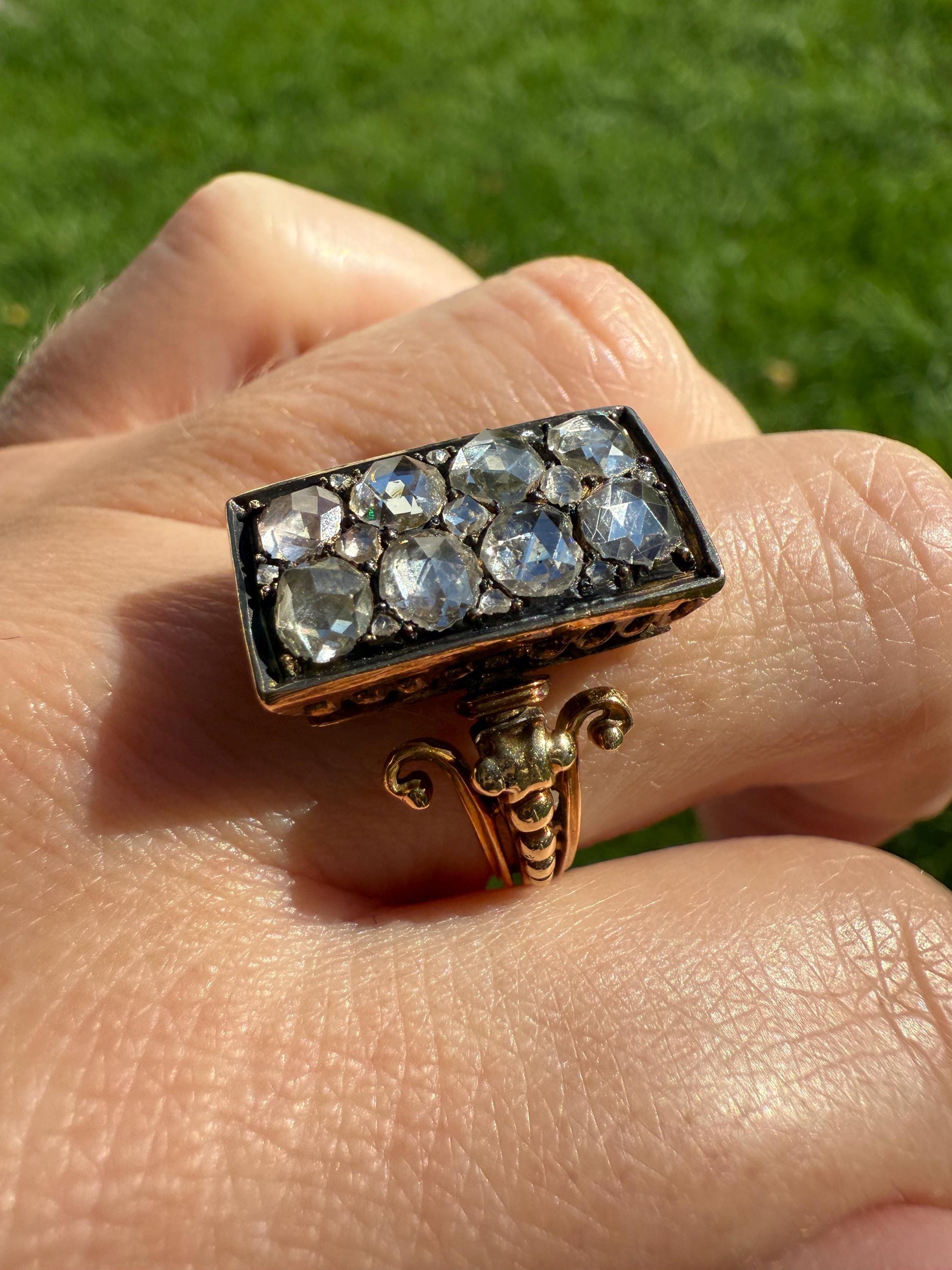 Georgian Era Antique 1 CARAT+ Rose Cut DIAMOND Disco Ball Grid Panel Lozenge Cluster Ring 18k Gold Silver Collets Stacker Gift Faces Up 2Ctw