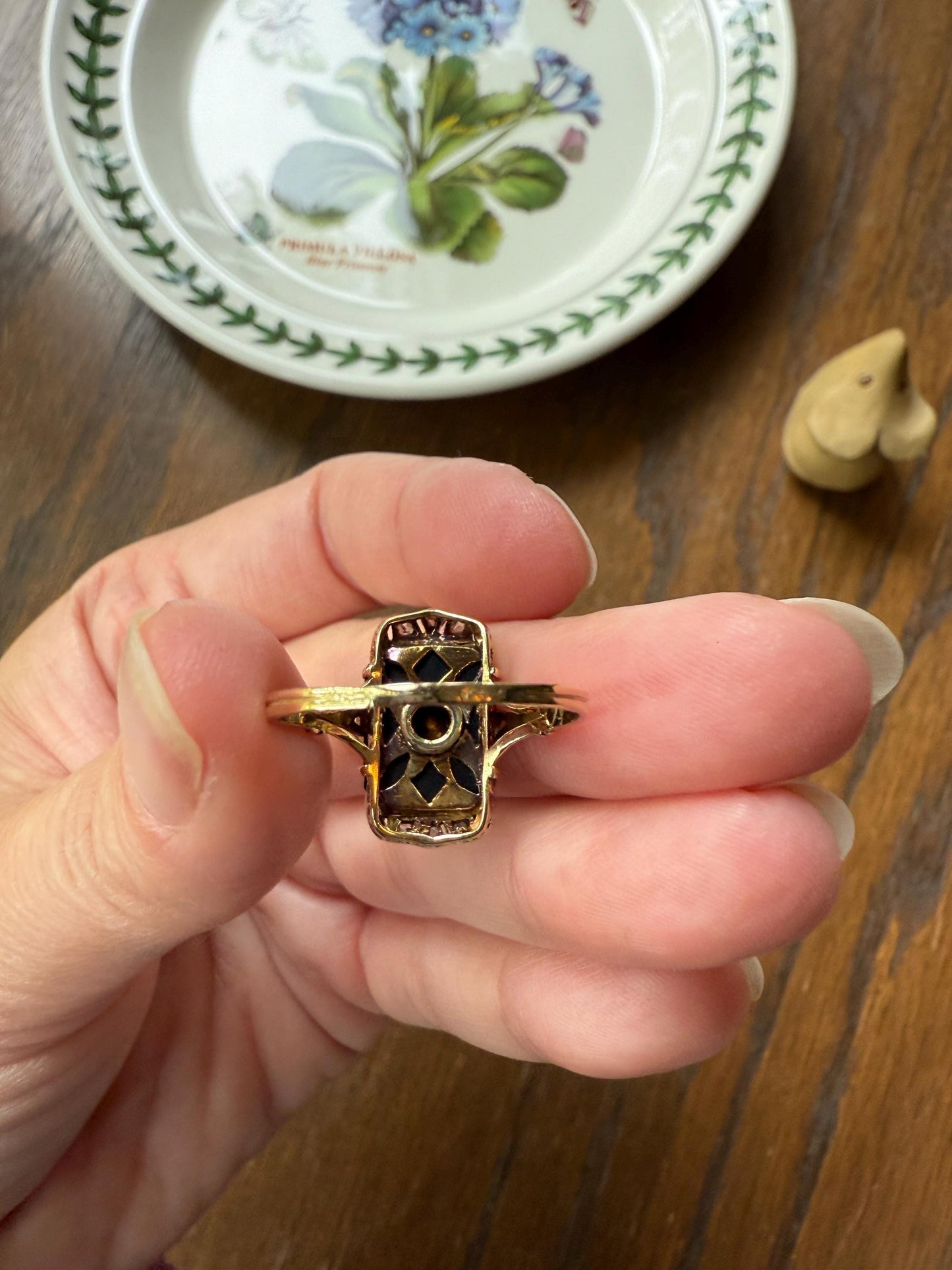 Art Deco ANTIQUE Black Onyx Rose Cut Diamond Plaque Ring 18k Gold Bezel Set RC Inlay Platform Ornate Sparkle Romantic Gift