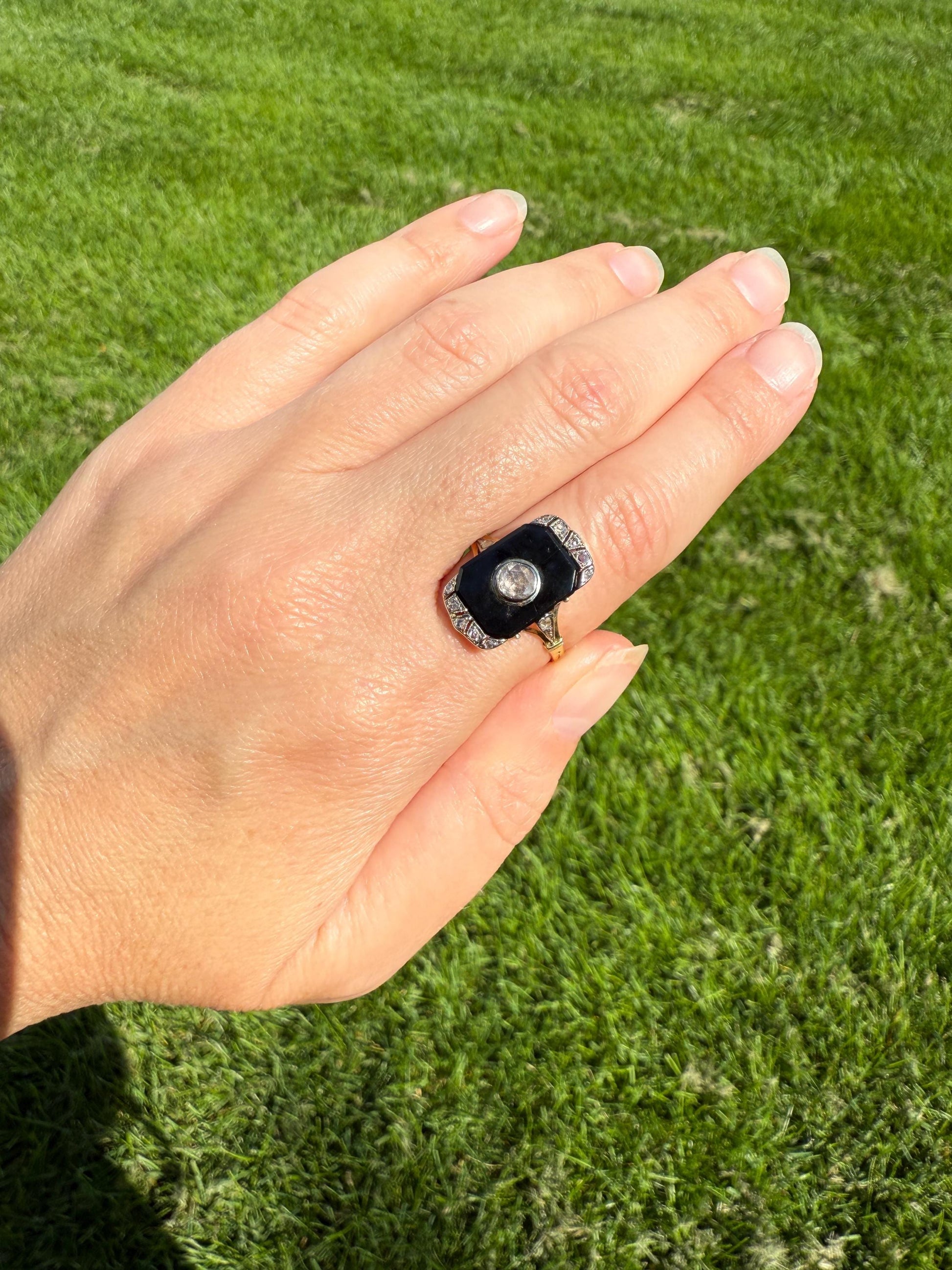 Art Deco ANTIQUE Black Onyx Rose Cut Diamond Plaque Ring 18k Gold Bezel Set RC Inlay Platform Ornate Sparkle Romantic Gift