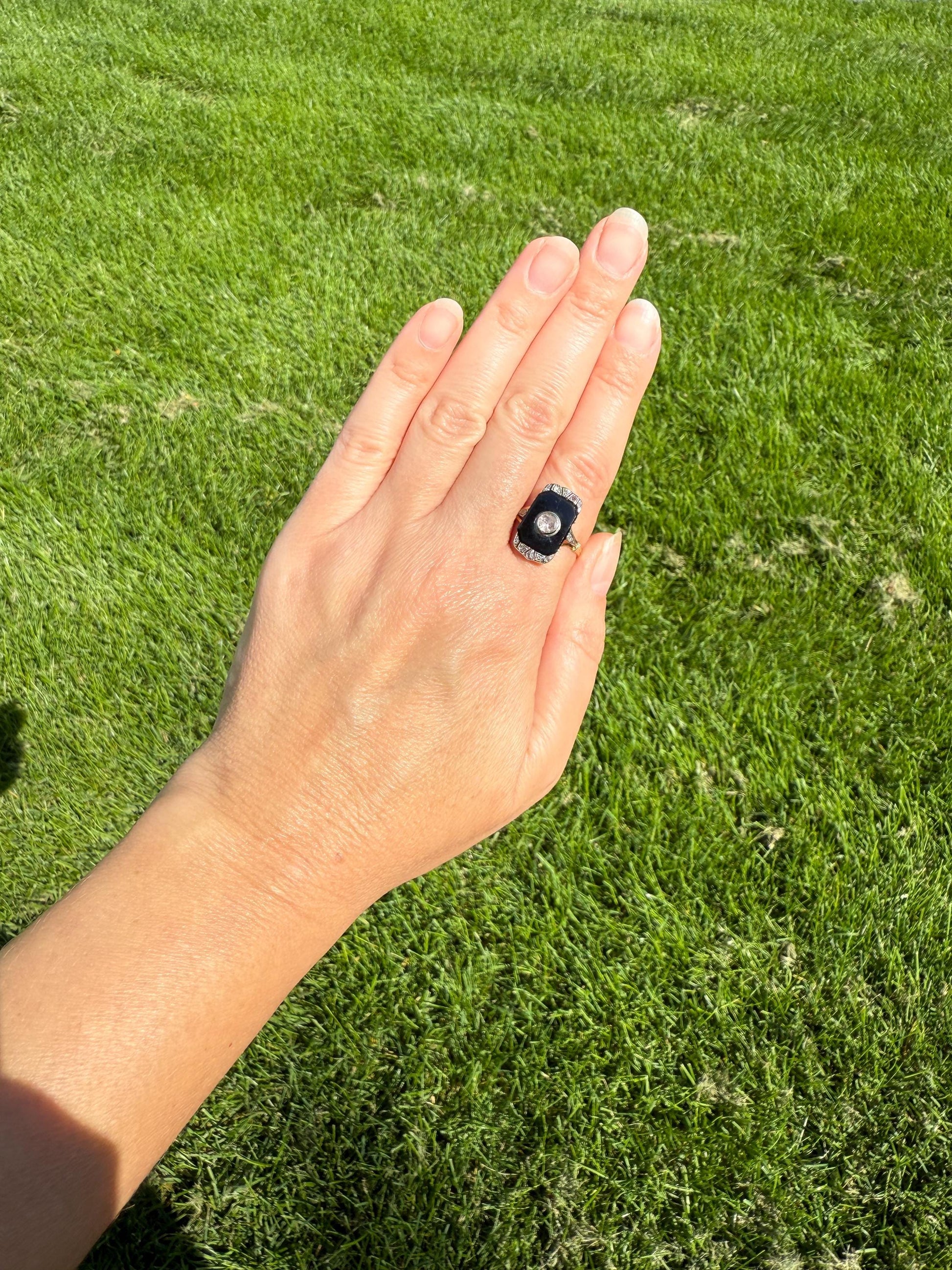 Art Deco ANTIQUE Black Onyx Rose Cut Diamond Plaque Ring 18k Gold Bezel Set RC Inlay Platform Ornate Sparkle Romantic Gift