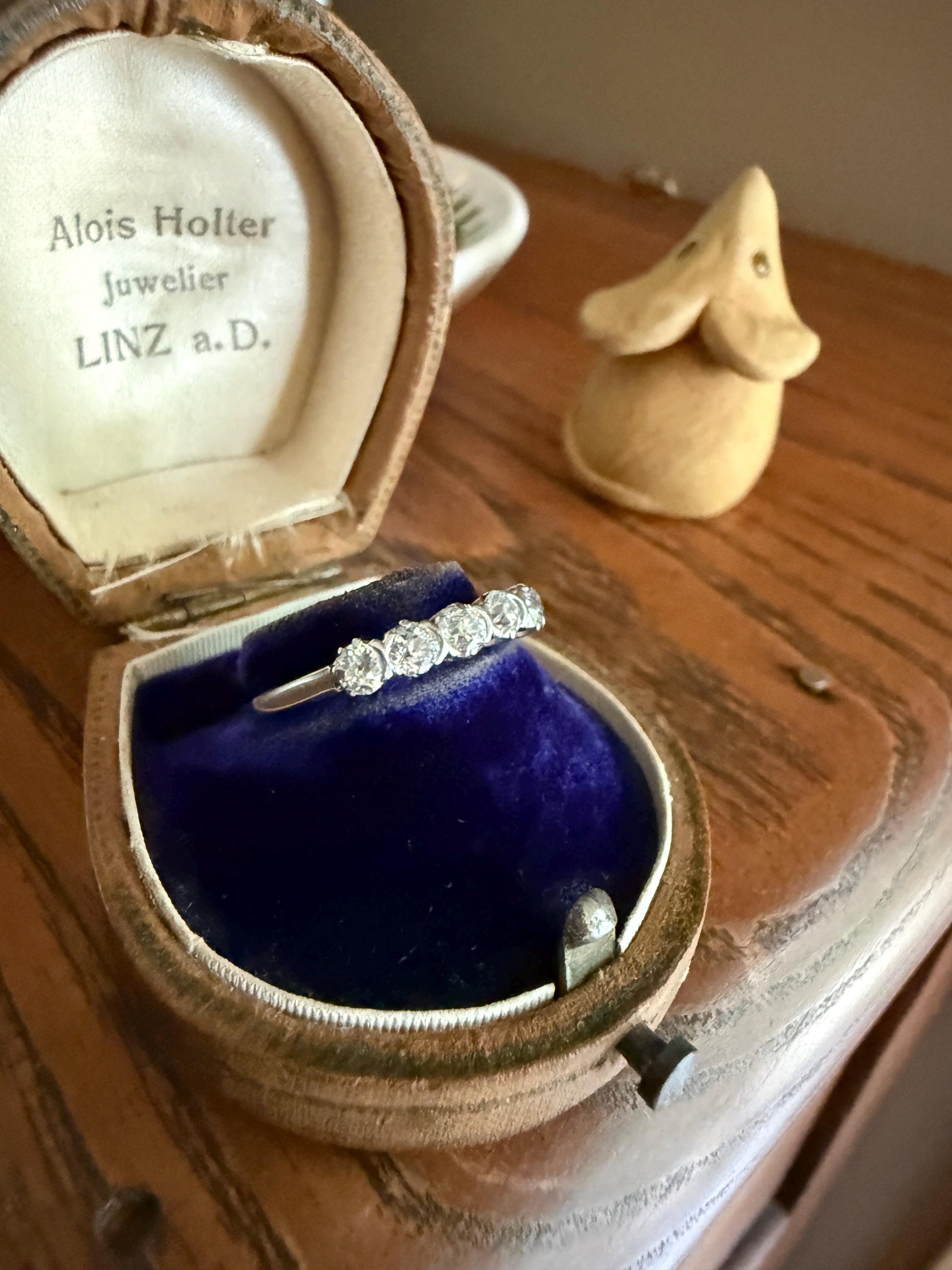 Antique Five Stone Old Mine Cut Diamond 18k White Gold Platinum Tall Skinny Band Romantic Gift Wedding Stacker Ringstack OMC