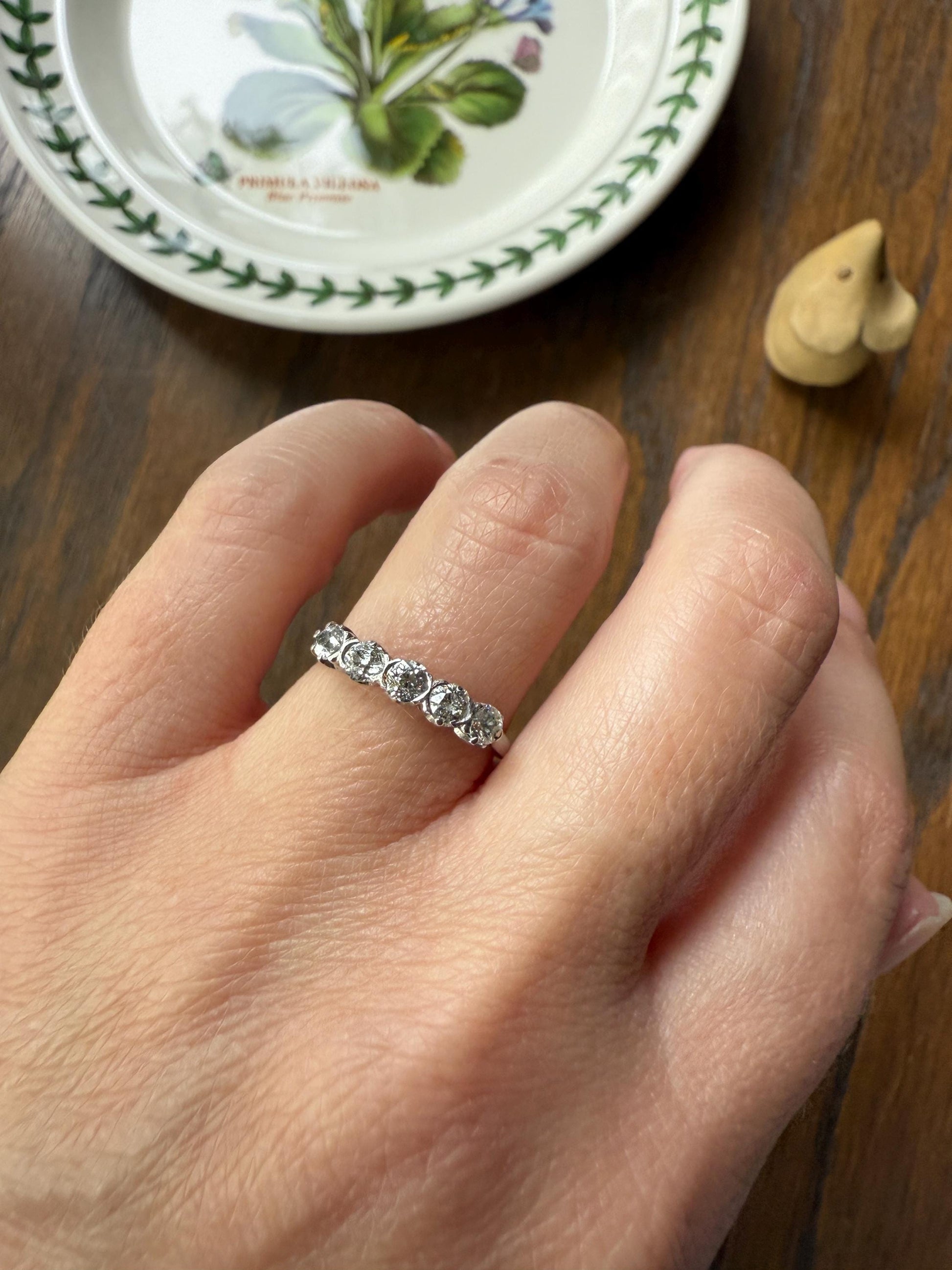 Antique Five Stone Old Mine Cut Diamond 18k White Gold Platinum Tall Skinny Band Romantic Gift Wedding Stacker Ringstack OMC