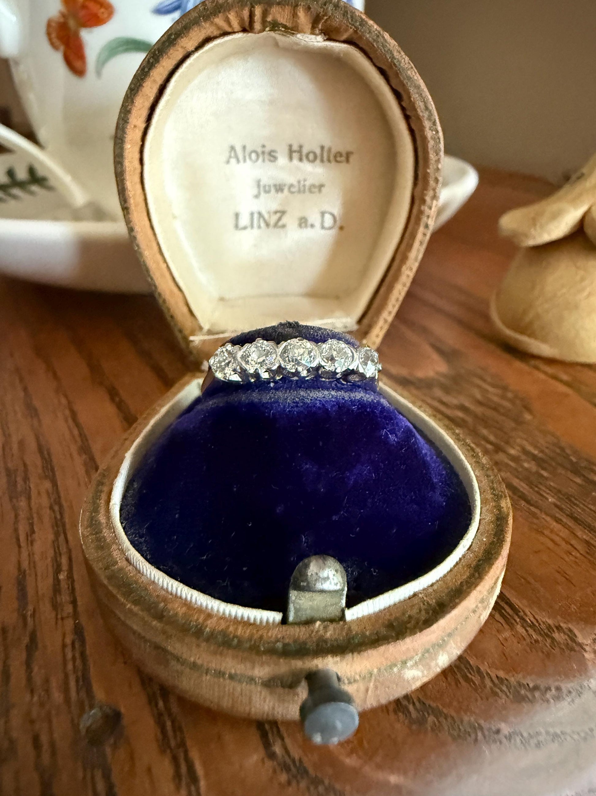 Antique Five Stone Old Mine Cut Diamond 18k White Gold Platinum Tall Skinny Band Romantic Gift Wedding Stacker Ringstack OMC