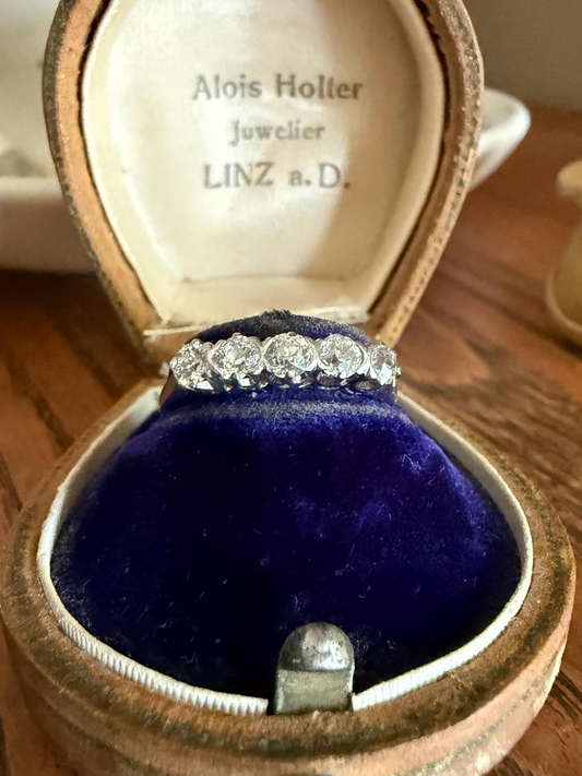 Dainty Antique Five Stone Old Mine Cut Diamond 18k White Gold Platinum Tall Skinny Band Romantic Gift Wedding Stacker Ringstack OMC