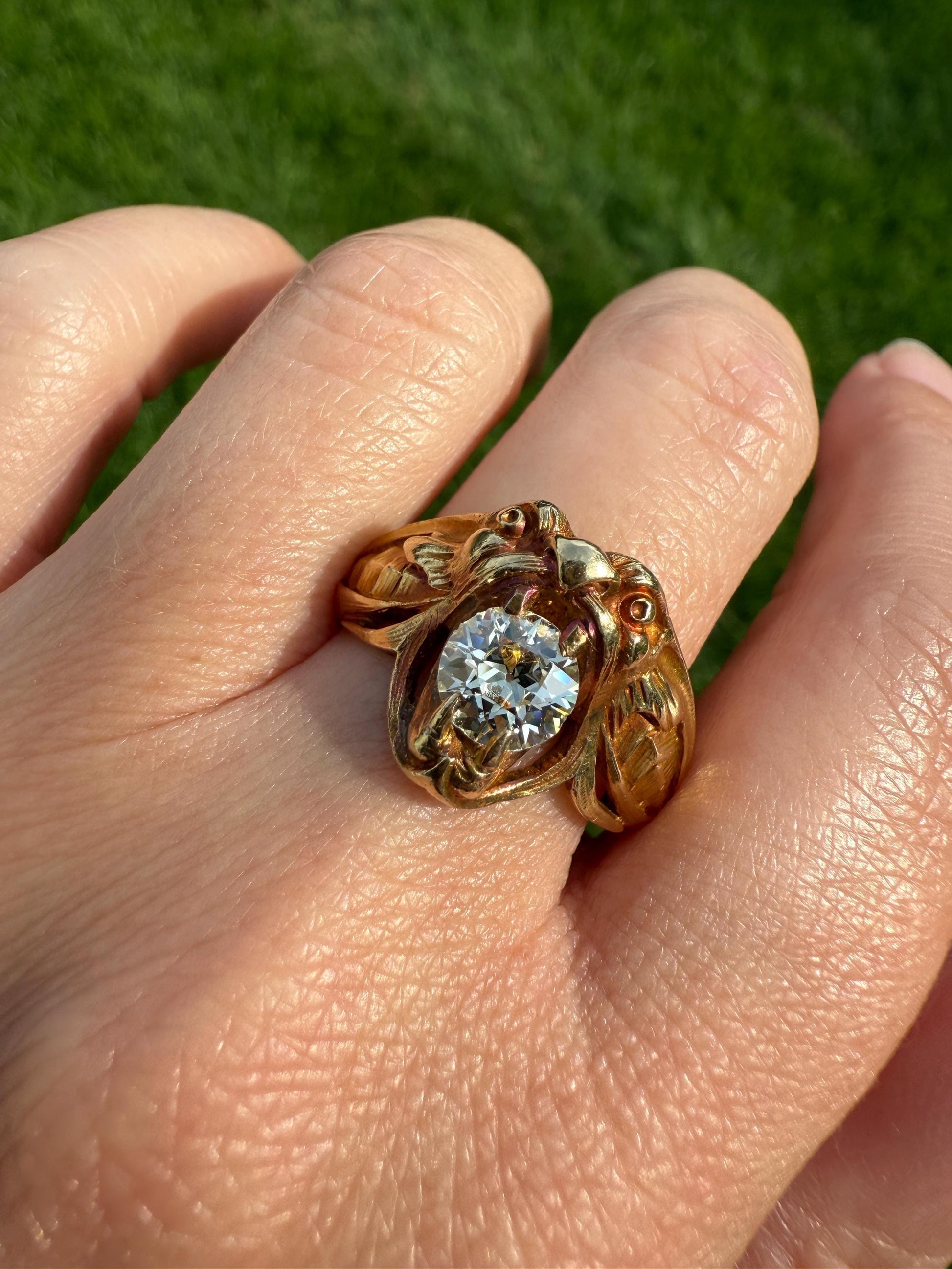 DRAGON Heavy Antique 1 Carat Old European Cut Diamond Figural Ring 12.6g 18k Gold Solid Gargoyle Chimera Belle Epoque Art Nouveau Unisex OEC