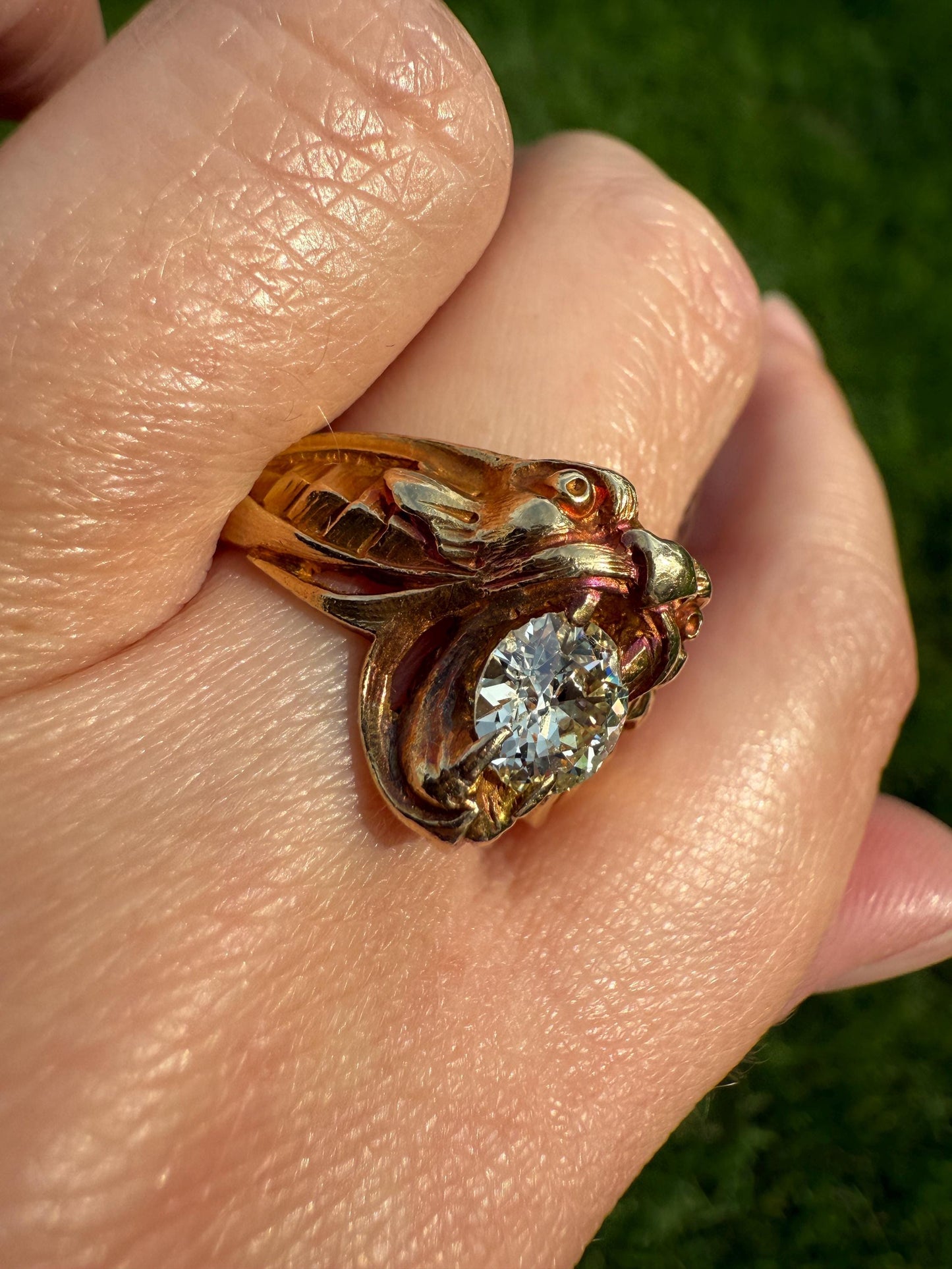 DRAGON Heavy Antique 1 Carat Old European Cut Diamond Figural Ring 12.6g 18k Gold Solid Gargoyle Chimera Belle Epoque Art Nouveau Unisex OEC