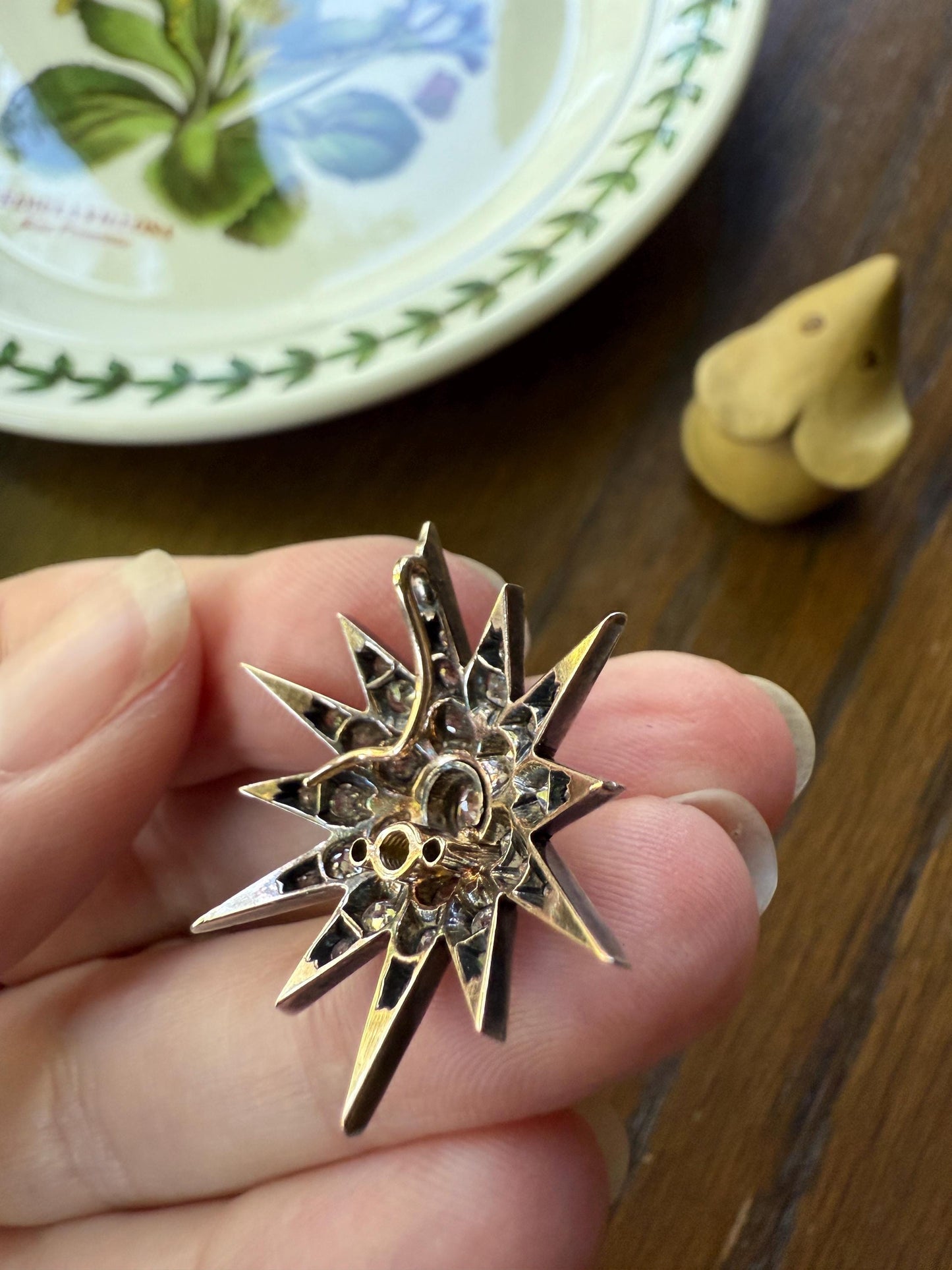 STAR Antique CONVERTIBLE Pendant Hair Pin Brooch BOXED 1 1/4 Carat Old Mine Cut Diamond Cluster 14k Gold Silver Victorian Gift Bridal 1.25Ct