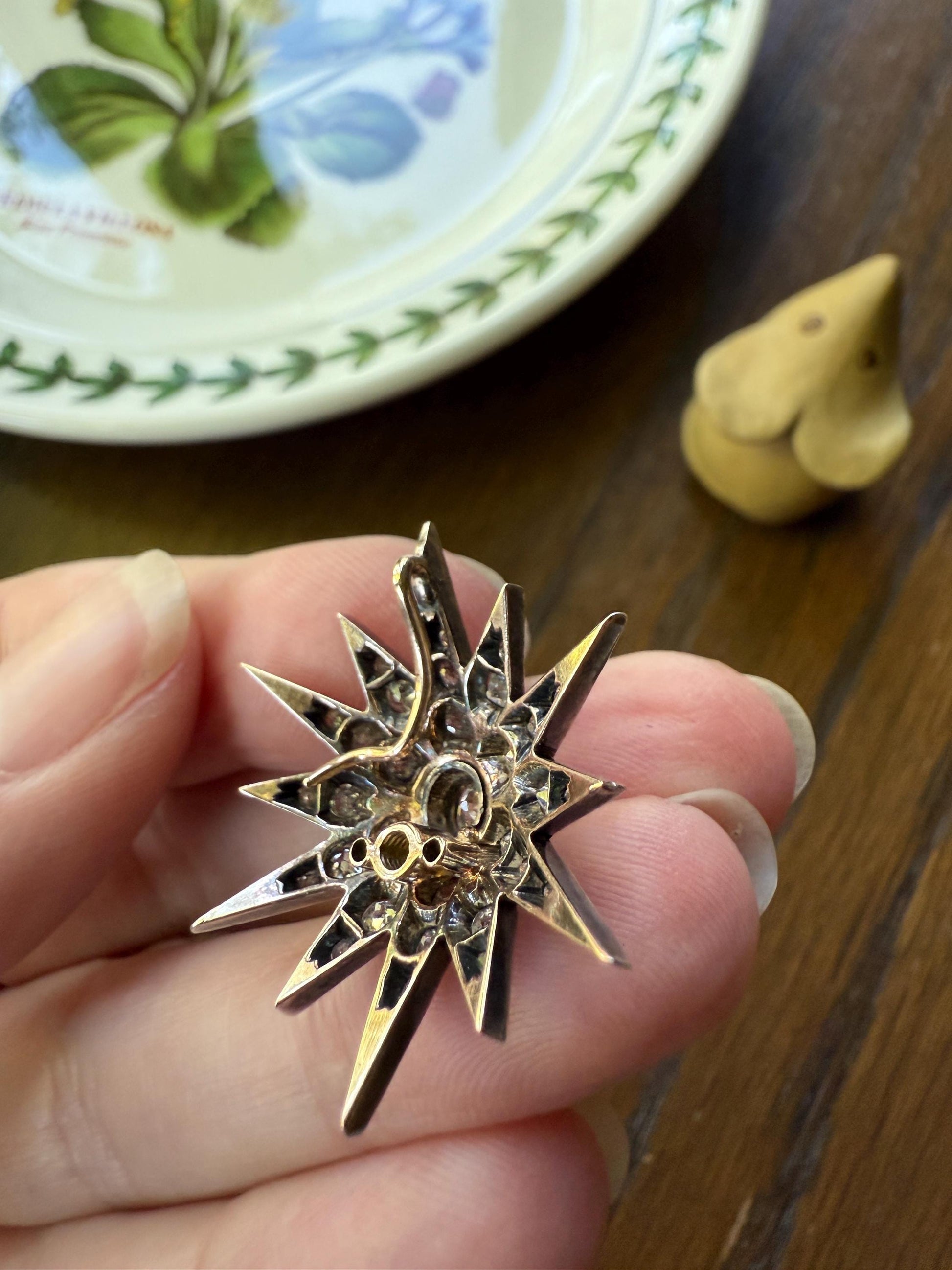 STAR Antique CONVERTIBLE Pendant Hair Pin Brooch BOXED 1 1/4 Carat Old Mine Cut Diamond Cluster 14k Gold Silver Victorian Gift Bridal 1.25Ct