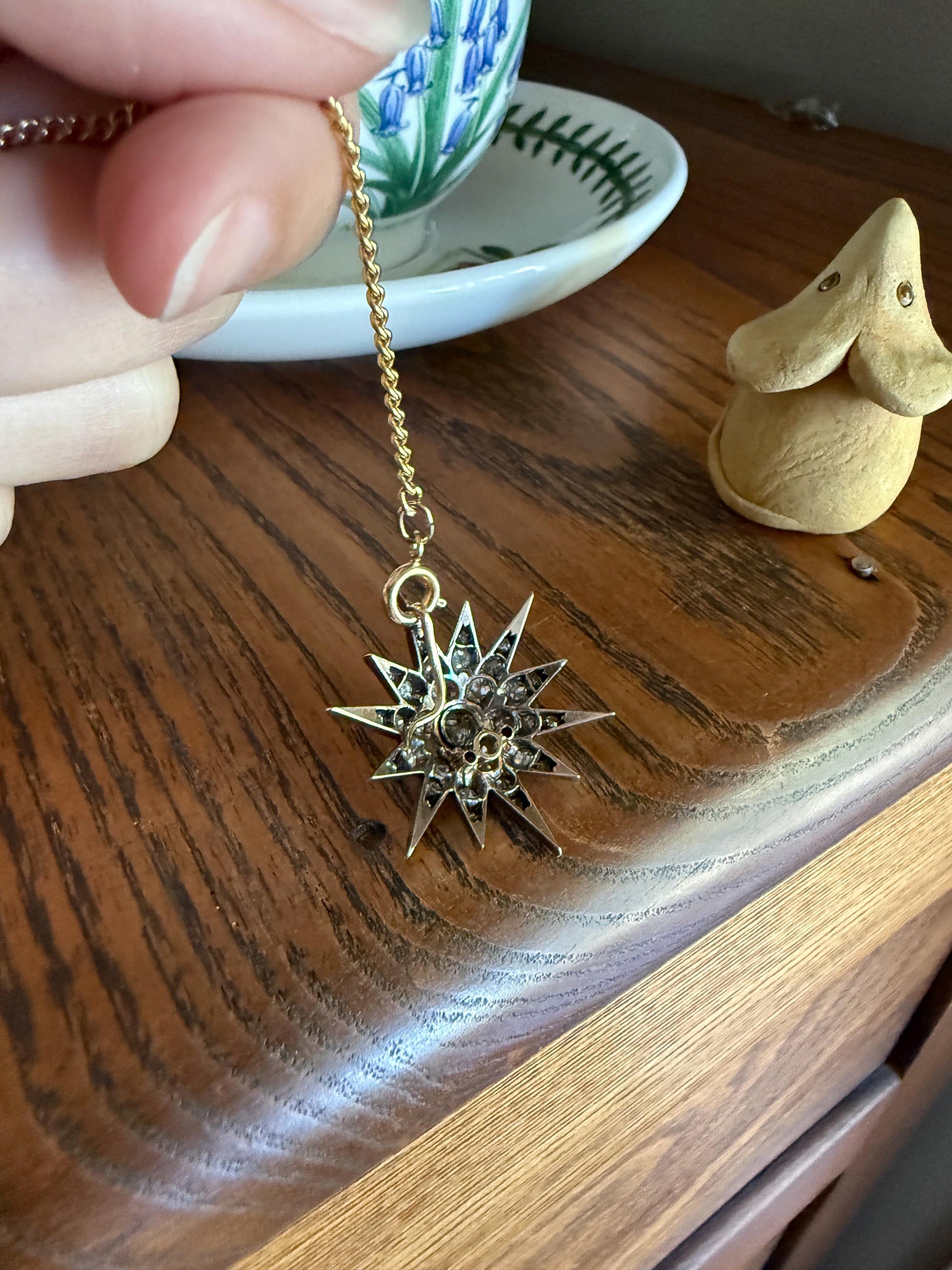 STAR Antique CONVERTIBLE Pendant Hair Pin Brooch BOXED 1 1/4 Carat Old Mine Cut Diamond Cluster 14k Gold Silver Victorian Gift Bridal 1.25Ct