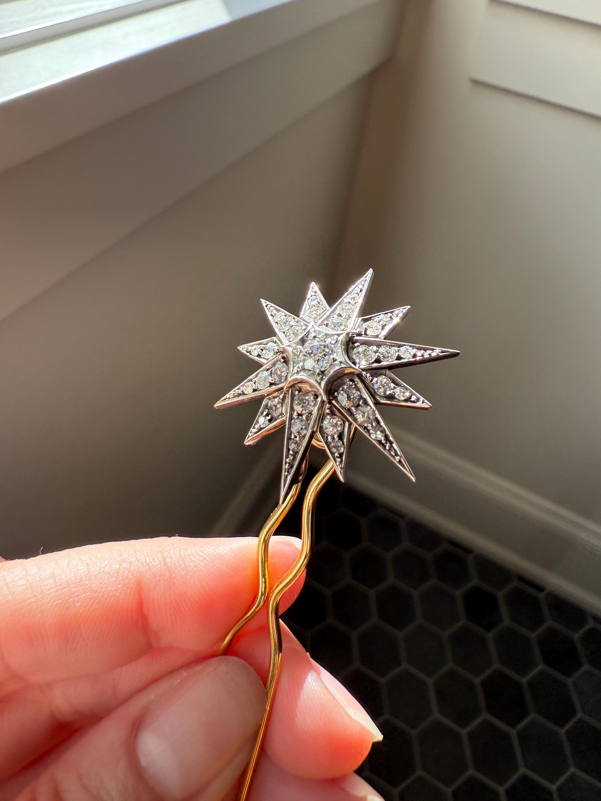 STAR Antique CONVERTIBLE Pendant Hair Pin Brooch BOXED 1 1/4 Carat Old Mine Cut Diamond Cluster 14k Gold Silver Victorian Gift Bridal 1.25Ct