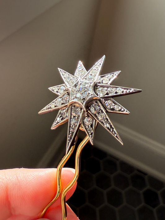 STAR Antique CONVERTIBLE Pendant Hair Pin Brooch BOXED 1 1/4 Carat Old Mine Cut Diamond Cluster 14k Gold Silver Victorian Gift Bridal 1.25Ct