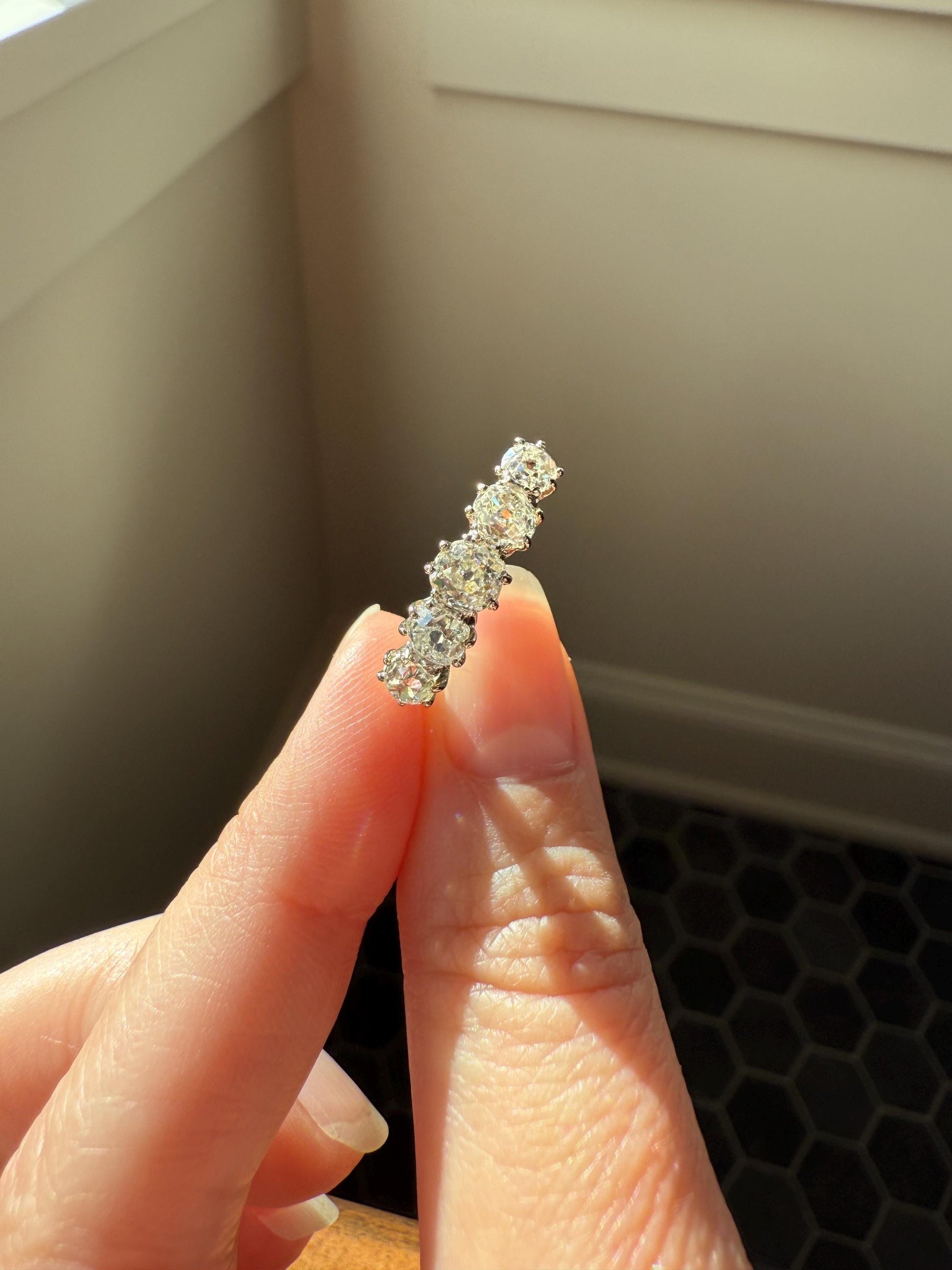 Five Stone Victorian Antique 1.75 CARAT Old Mine Cut DIAMOND Tall Stacker Ring 18k Gold Skinny Band Wedding Anniversary Romantic Gift OMC