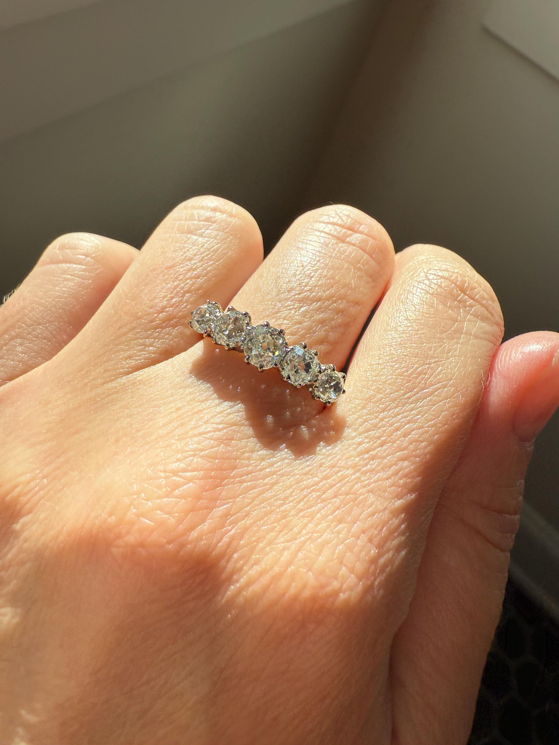 Five Stone Victorian Antique 1.75 CARAT Old Mine Cut DIAMOND Tall Stacker Ring 18k Gold Skinny Band Wedding Anniversary Romantic Gift OMC
