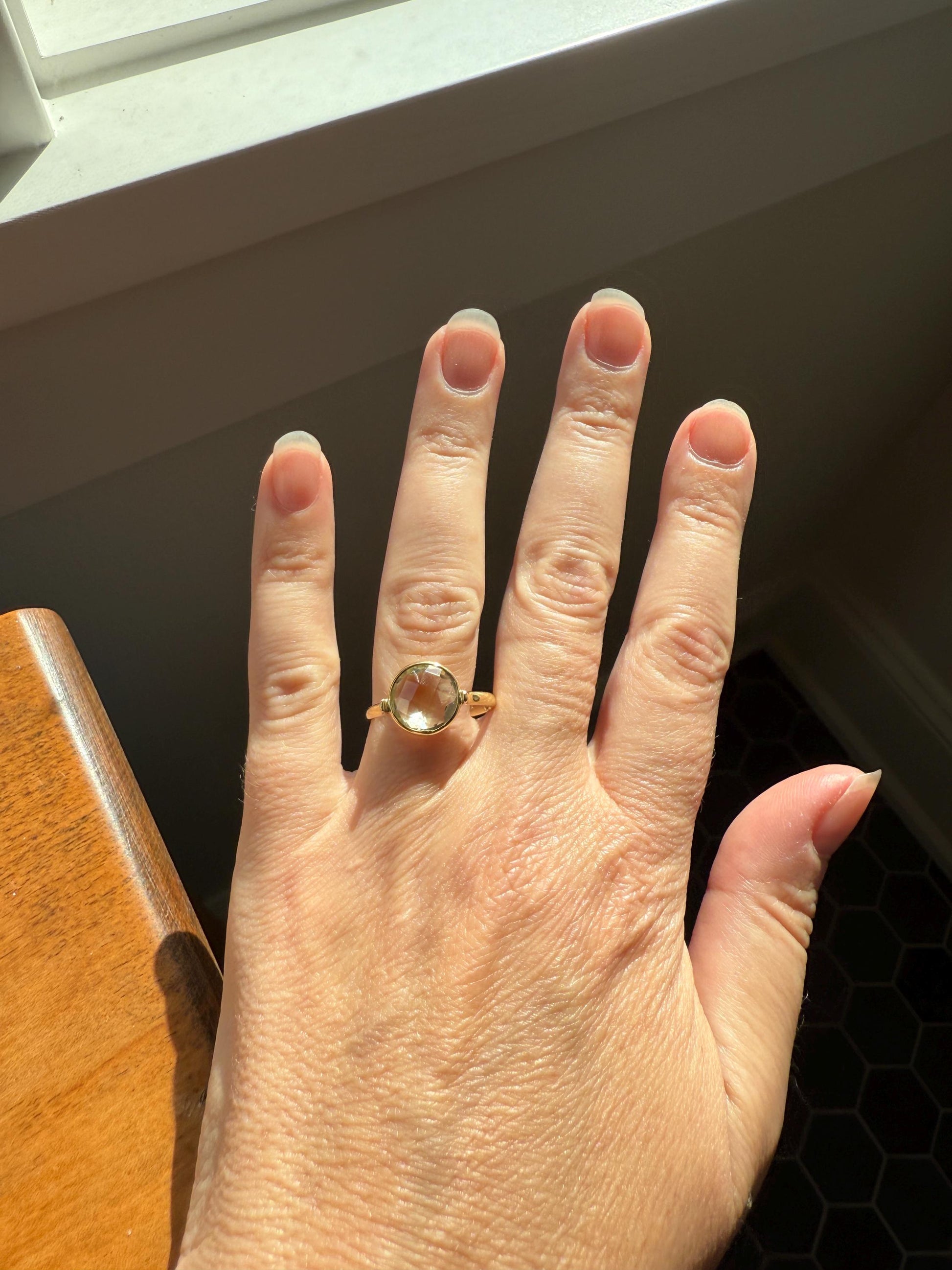 Pale GREEN Natural Prasiolite 18k Gold Bezel Set Modern Ring Domed Disco Ball Rose Cut Faceting Quartz Amethyst Spanish Made