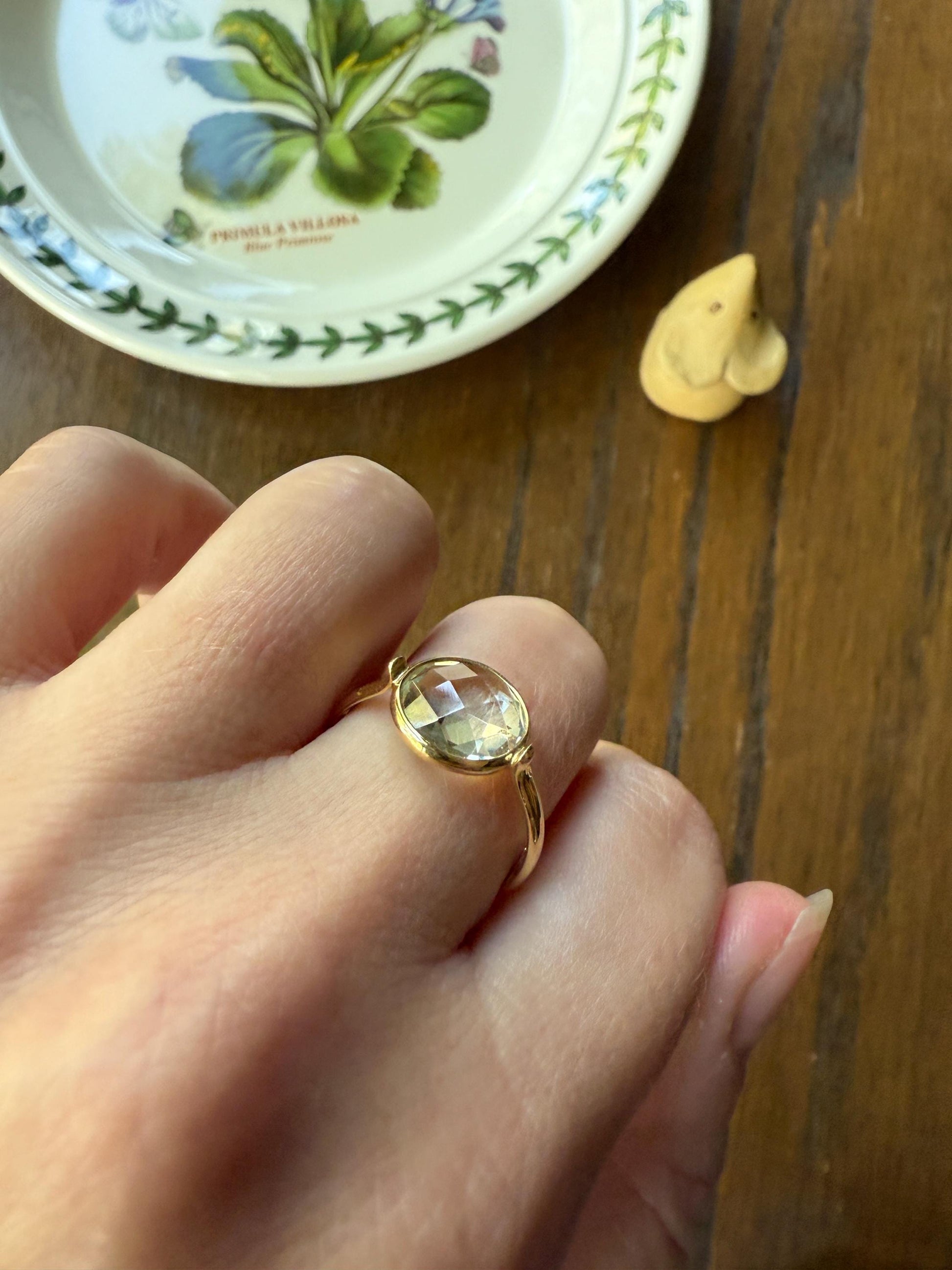 Pale GREEN Natural Prasiolite 18k Gold Bezel Set Modern Ring Domed Disco Ball Rose Cut Faceting Quartz Amethyst Spanish Made