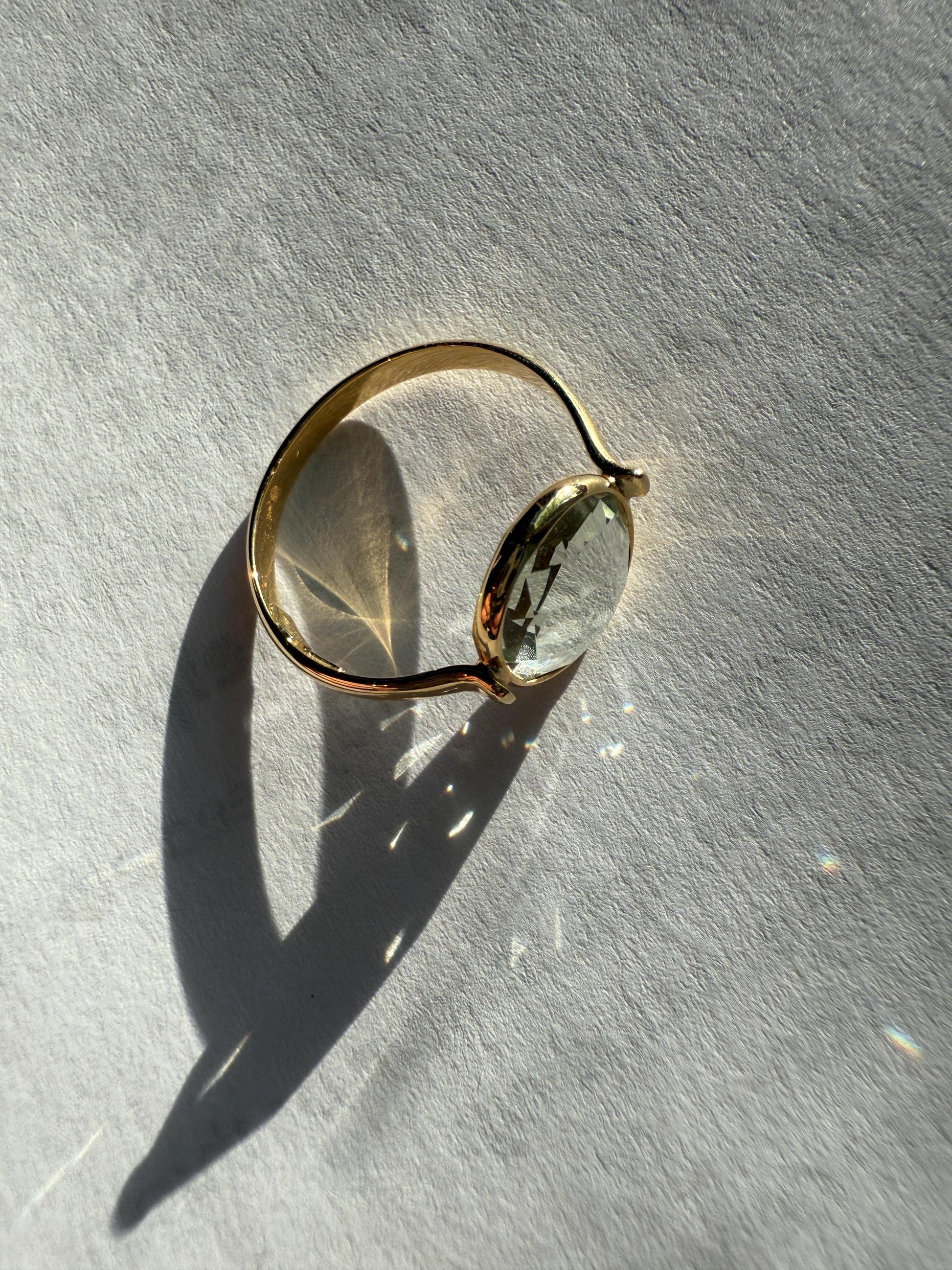 Pale GREEN Natural Prasiolite 18k Gold Bezel Set Modern Ring Domed Disco Ball Rose Cut Faceting Quartz Amethyst Spanish Made