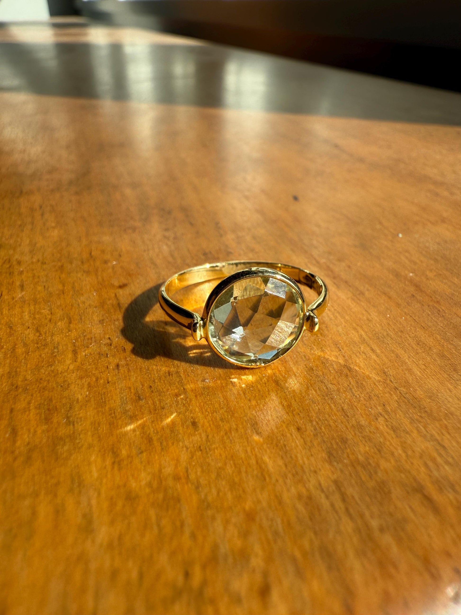 Pale GREEN Natural Prasiolite 18k Gold Bezel Set Modern Ring Domed Disco Ball Rose Cut Faceting Quartz Amethyst Spanish Made