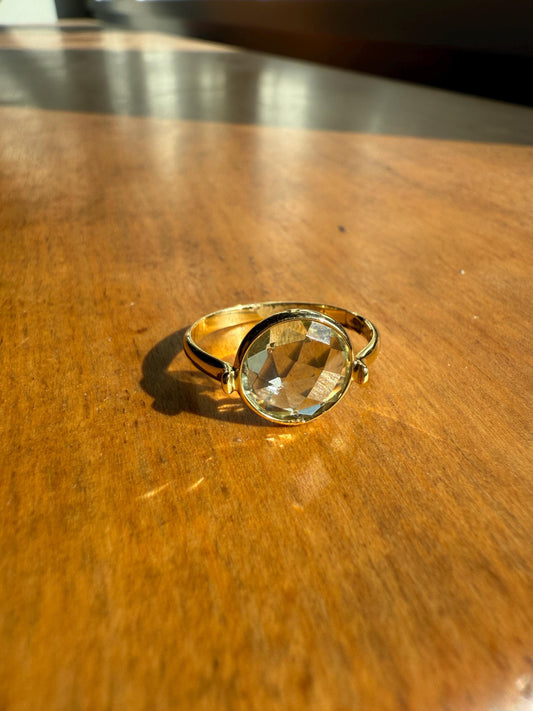 Pale GREEN Natural Prasiolite 18k Gold Bezel Set Modern Ring Domed Disco Ball Rose Cut Faceting Quartz Amethyst Spanish Made