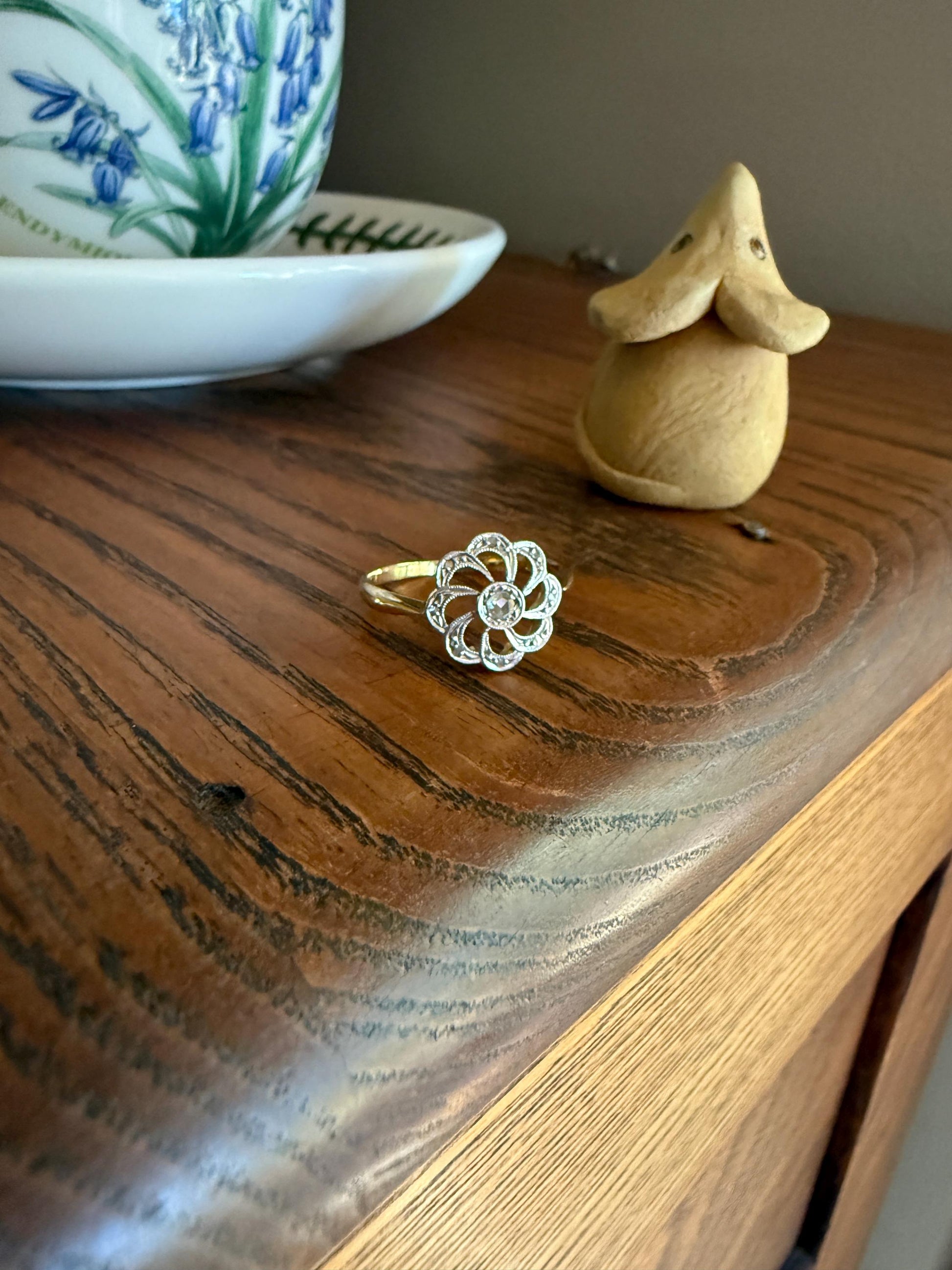 Rose Cut DIAMOND Open Work Scallop Swirl Ring 18k Gold Solid French Antique Dainty Stacker Belle Epoque Shimmer Sparkle Edwardian Victorian