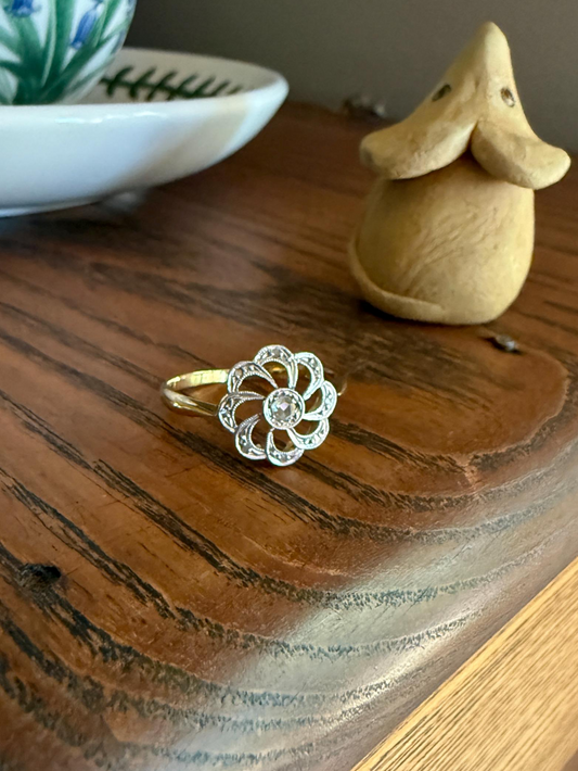 Rose Cut DIAMOND Open Work Scallop Swirl Ring 18k Gold Solid French Antique Dainty Stacker Belle Epoque Edwardian Victorian
