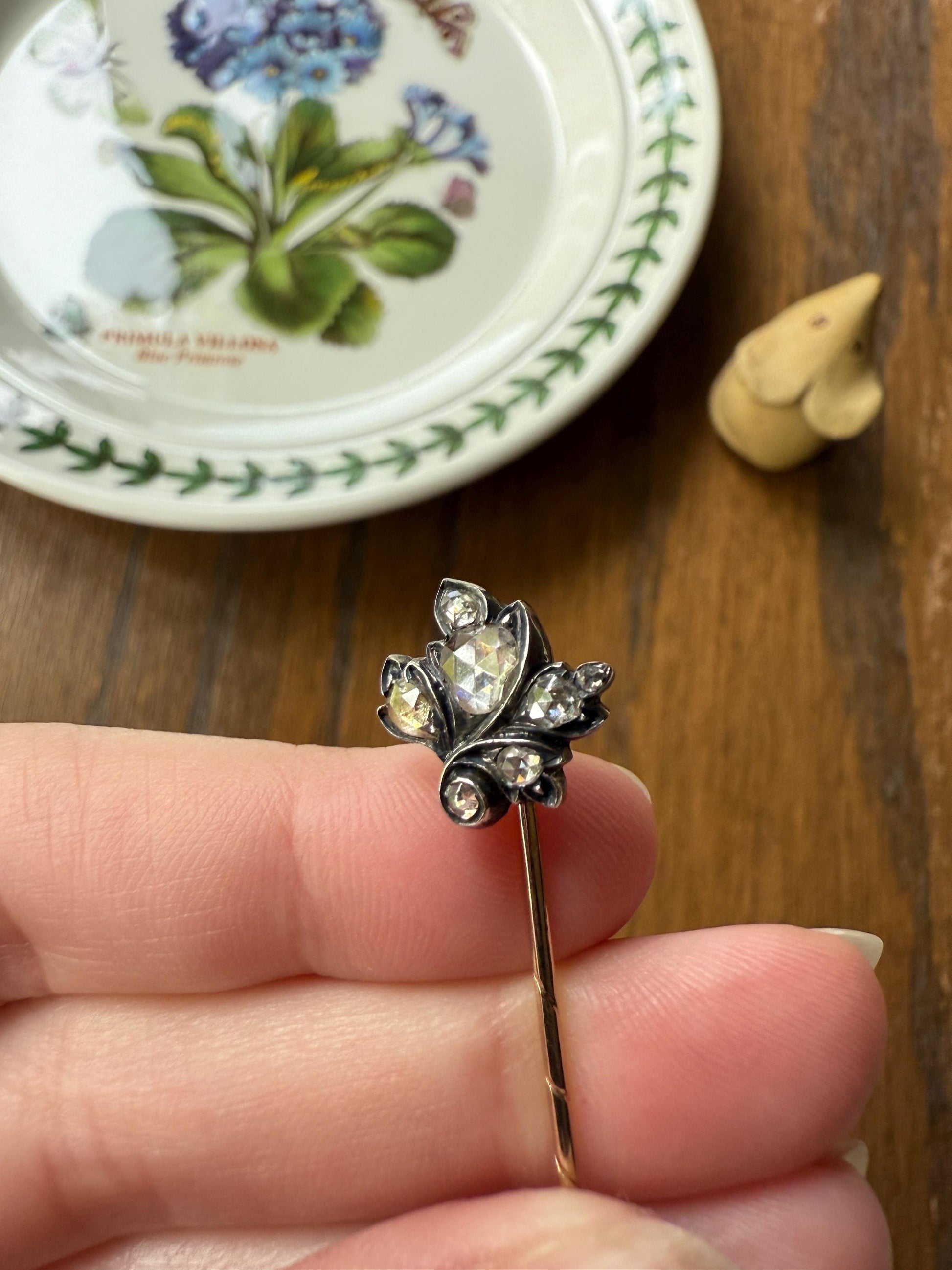 Giardinetti Leaf Figural Chunky Rose Cut DIAMOND Stick Pin for Ring Pendant Bracelet Conversion 14k Gold Silver Antique Victorian Georgian