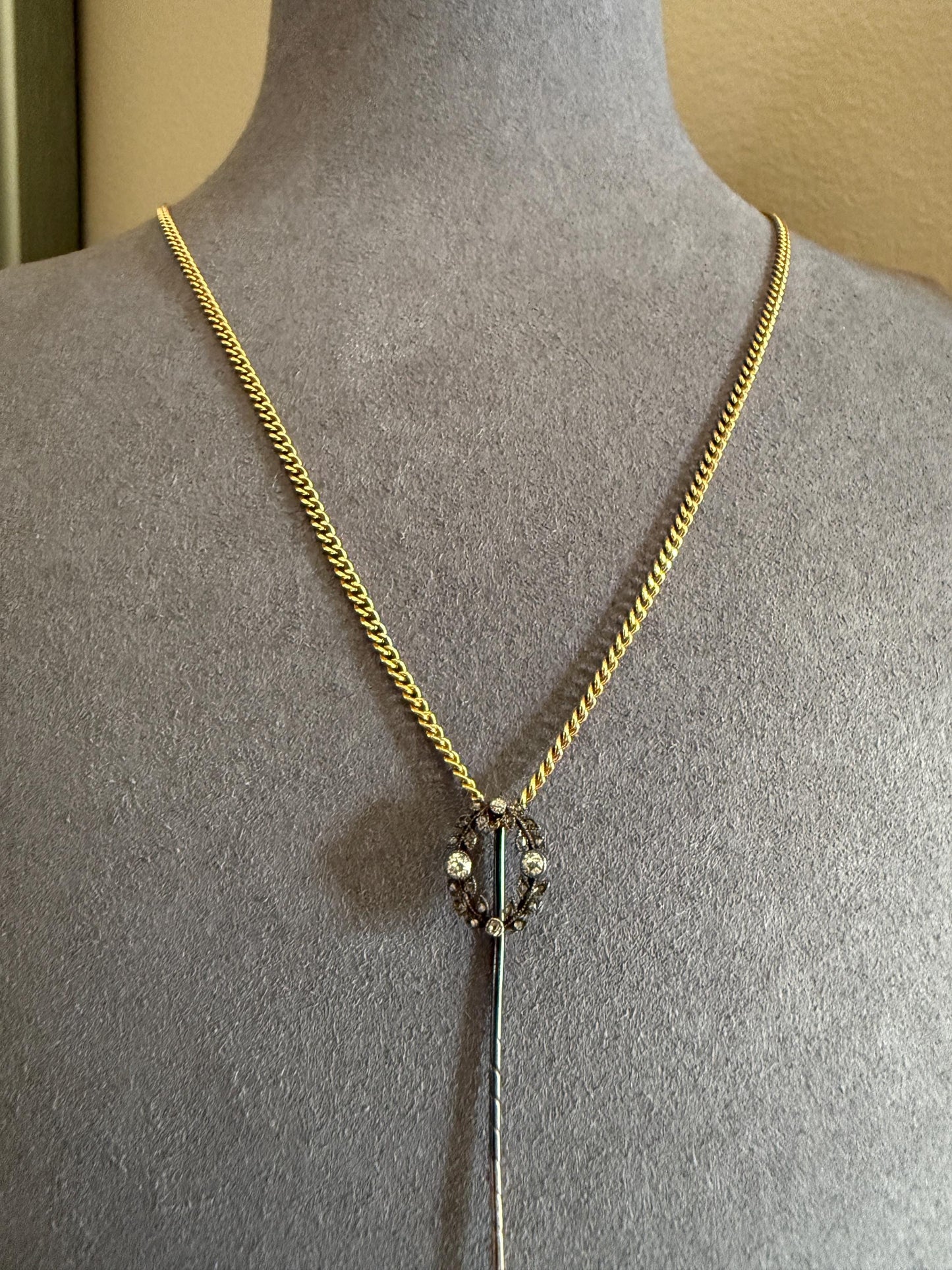 GARLAND Figural Old Mine Rose Cut DIAMOND Antique Stick Pin c1920for Ring Pendant Bracelet Conversion 18k White Gold Silver Edwardian Deco