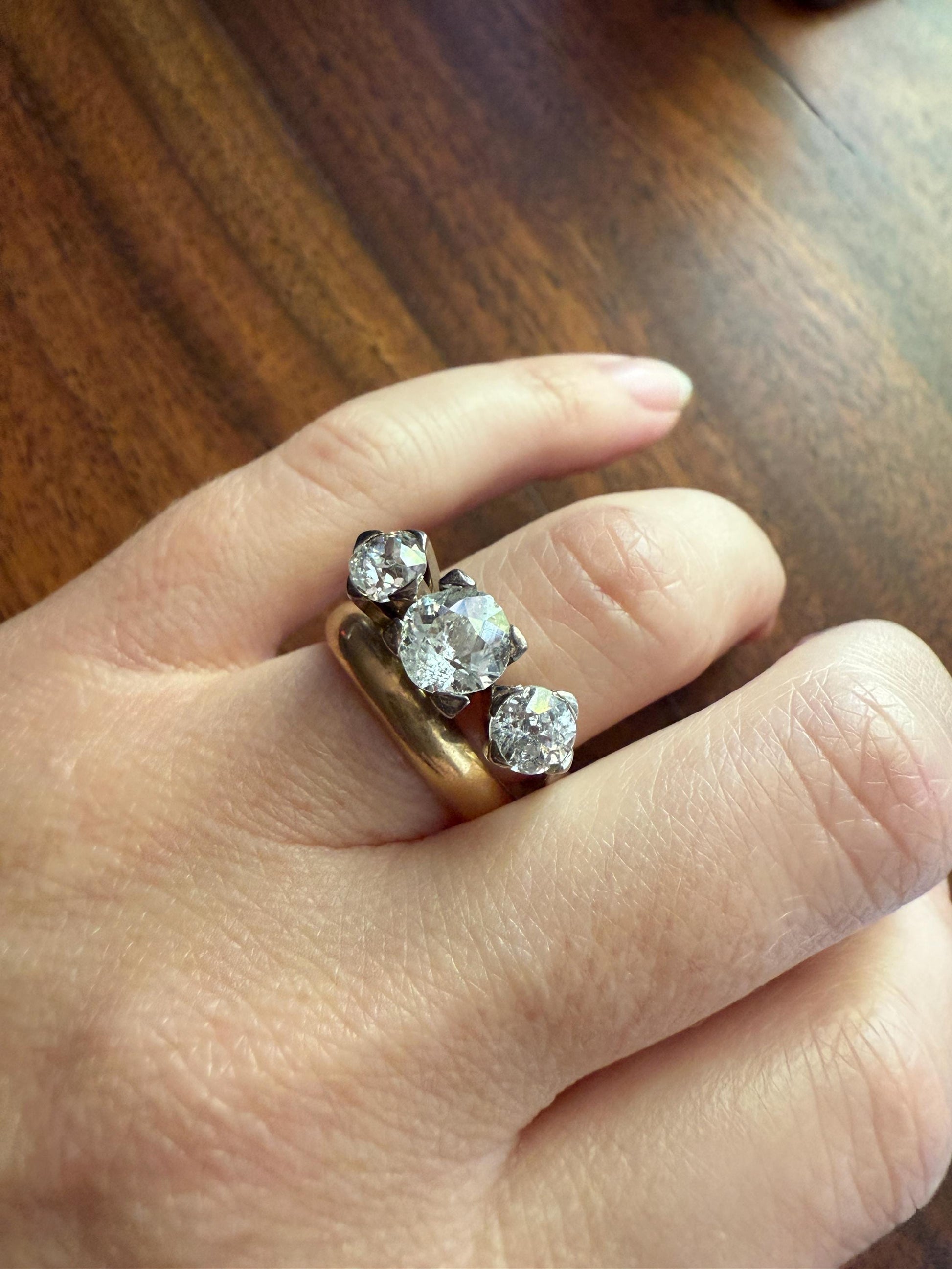 TALL Antique 2 CARATS Three Stone Chunky Old Mine Cut Diamond Ring 18k White Gold Stackable Band Geometric Square Prong Art Deco 2Ctw OMC