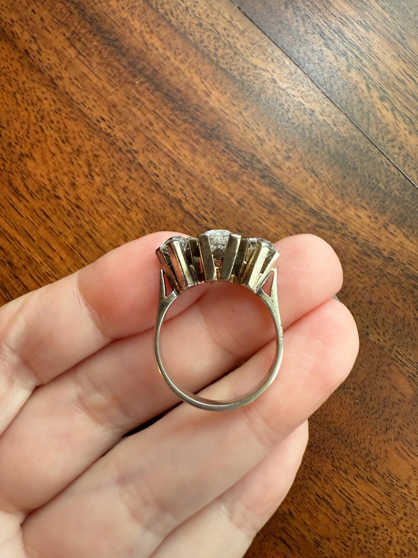 TALL Antique 2 CARATS Three Stone Chunky Old Mine Cut Diamond Ring 18k White Gold Stackable Band Geometric Square Prong Art Deco 2Ctw OMC