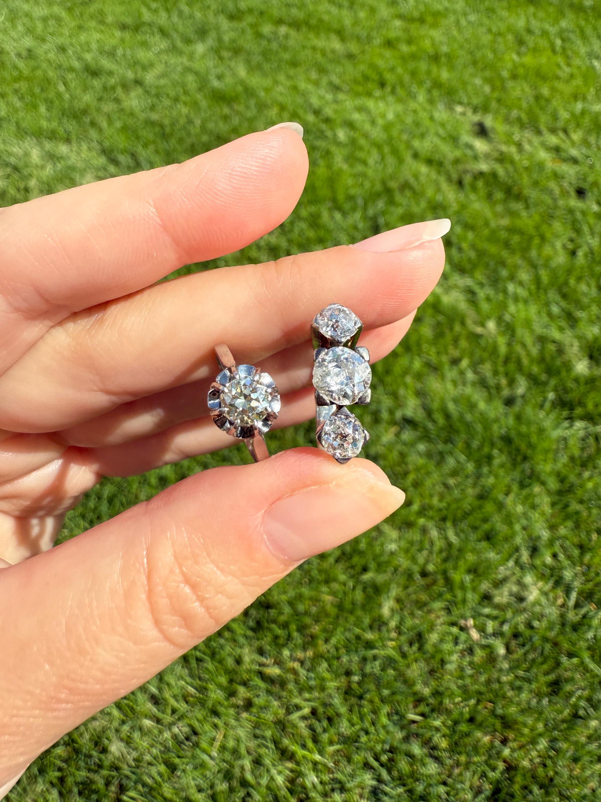TALL Antique 2 CARATS Three Stone Chunky Old Mine Cut Diamond Ring 18k White Gold Stackable Band Geometric Square Prong Art Deco 2Ctw OMC