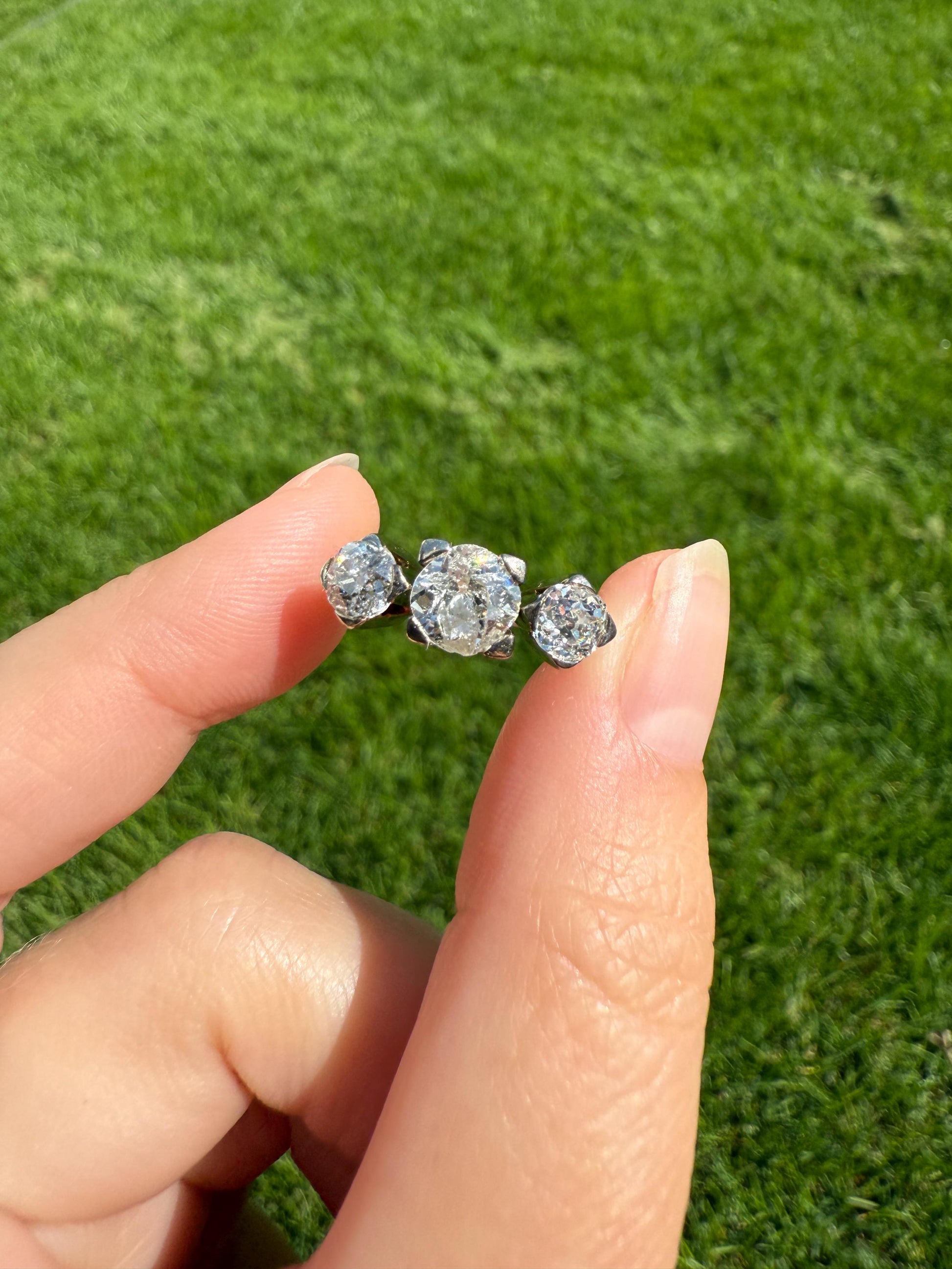 TALL Antique 2 CARATS Three Stone Chunky Old Mine Cut Diamond Ring 18k White Gold Stackable Band Geometric Square Prong Art Deco 2Ctw OMC