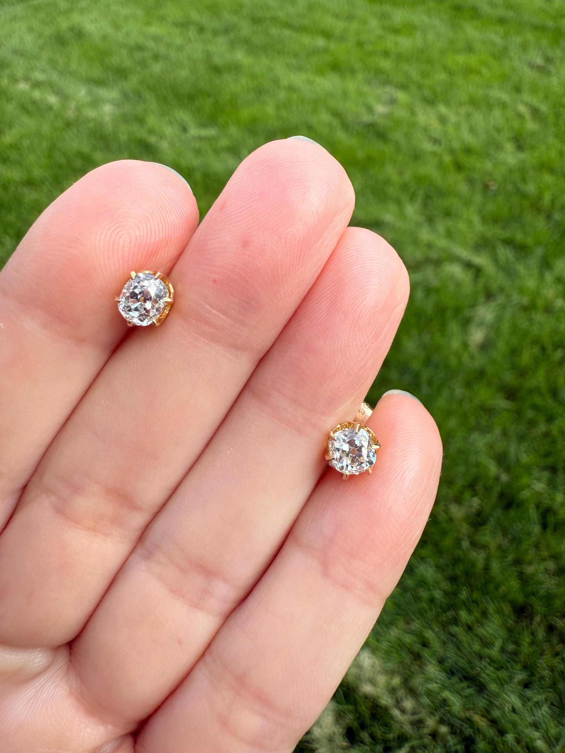 Antique 1 Carat 1Ctw. Cushion Cut Old Mine Cut DIAMOND Stud Earrings 18k GOLD Setting 9k Backs Romantic Gift Minimalist Earstack