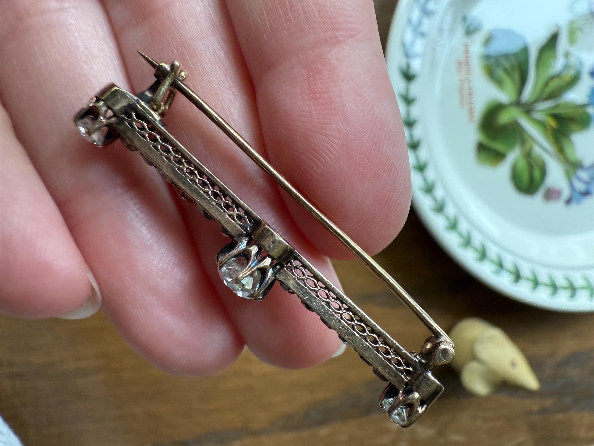 Antique 1.75 Carat Old Mine Rose Cut DIAMOND Encrusted 14k Gold Bar Brooch Victorian Extender Connector Pendant Conv. Chunky Bridal Hair Pin