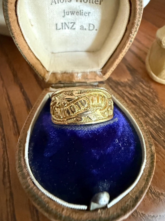 Antique c1879 I CLING to THEE Ivy Wide Band Ring 4.7g 18k Gold Stacker Wedding Posey Engagement Rare Romantic Gift Poesy Buttery Victorian