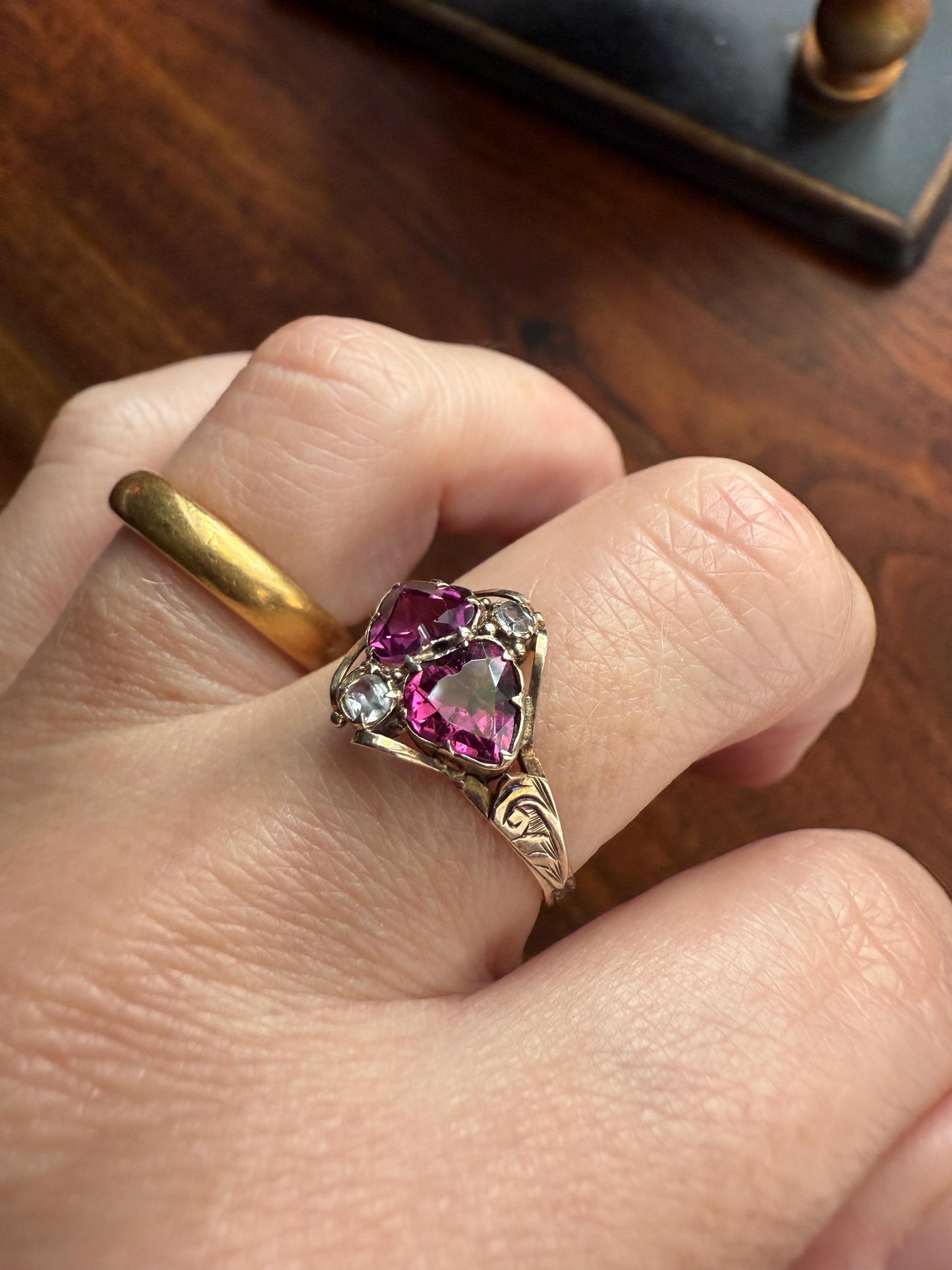 Double HEART Cut Purple GARNET Antique c1862 Love Ring Antique 12k Gold Glowing Figural Band Stacker Romantic Gift Victorian Valentine's