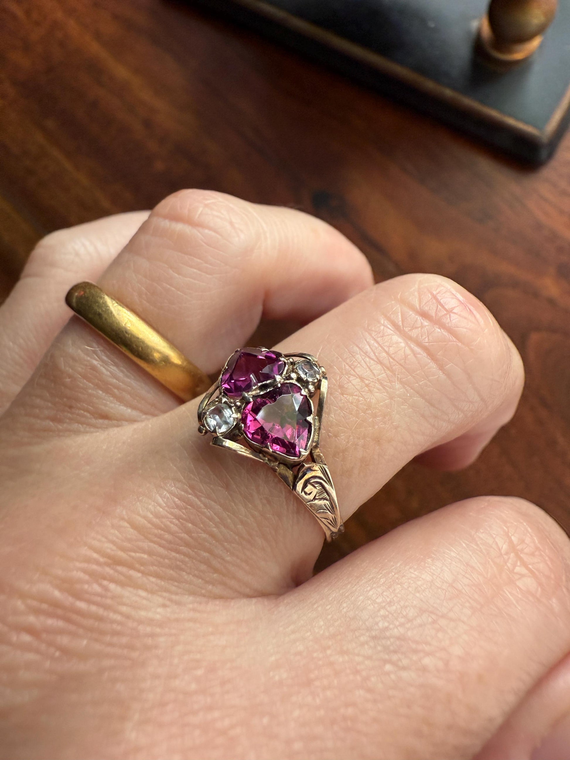 Double HEART Cut Purple GARNET Antique c1862 Love Ring Antique 12k Gold Glowing Figural Band Stacker Romantic Gift Victorian Valentine's