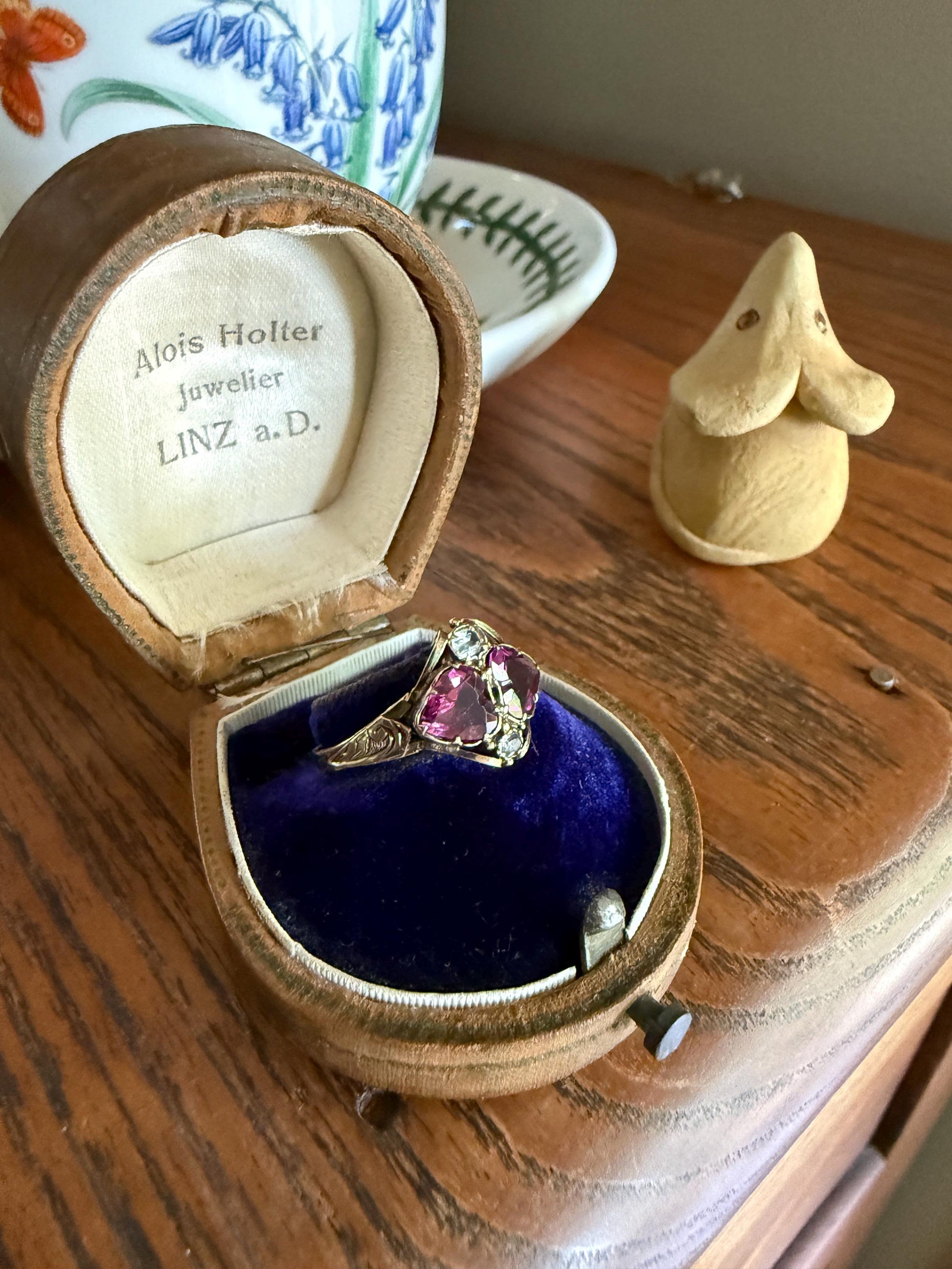 Double HEART Cut Purple GARNET Antique c1862 Love Ring Antique 12k Gold Glowing Figural Band Stacker Romantic Gift Victorian Valentine's