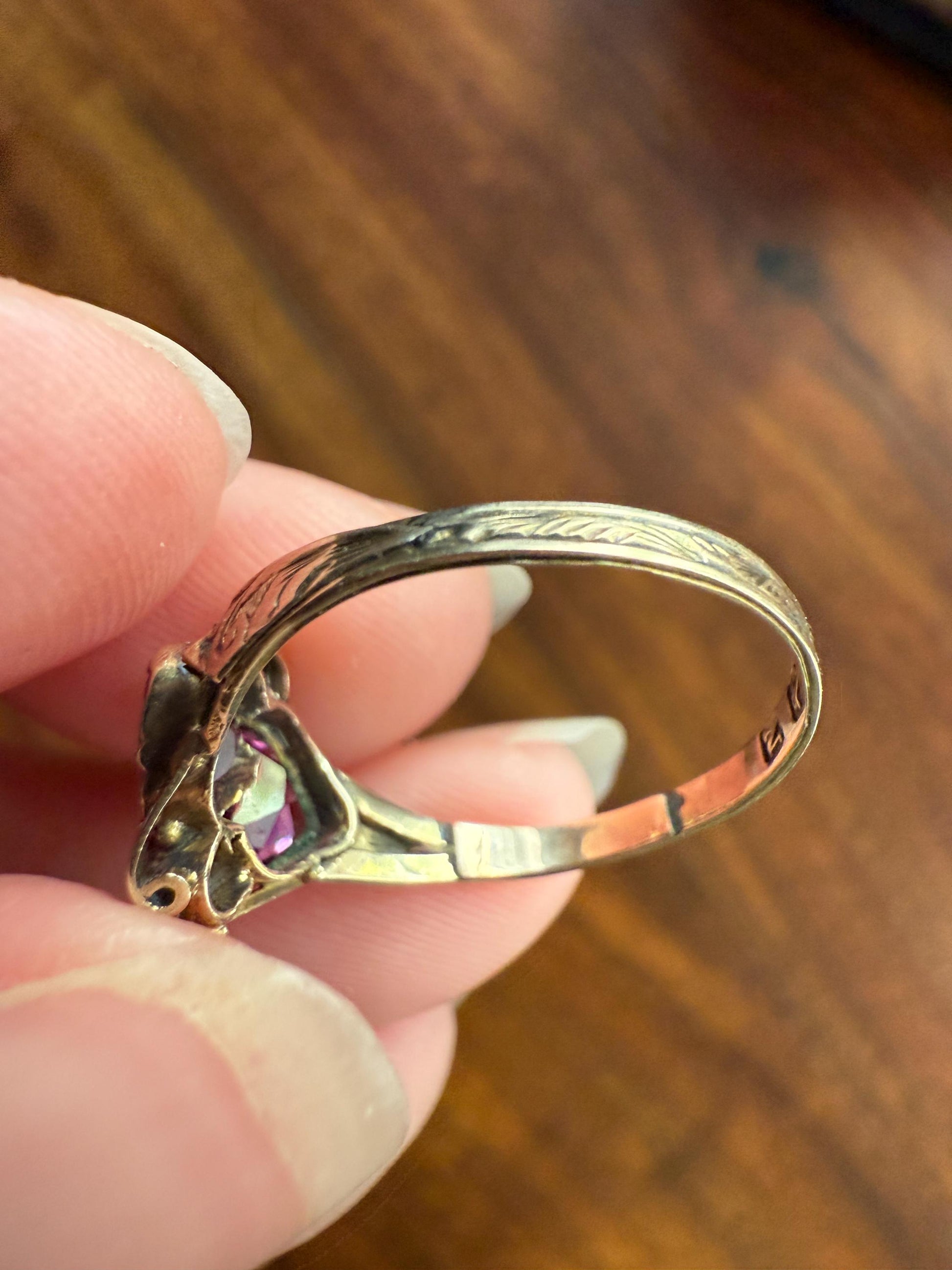 Double HEART Cut Purple GARNET Antique c1862 Love Ring Antique 12k Gold Glowing Figural Band Stacker Romantic Gift Victorian Valentine's