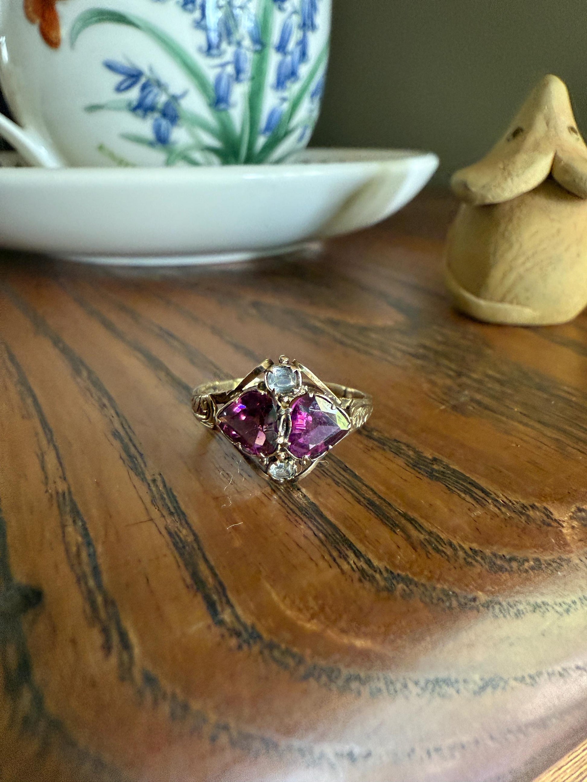 Double HEART Cut Purple GARNET Antique c1862 Love Ring Antique 12k Gold Glowing Figural Band Stacker Romantic Gift Victorian Valentine's