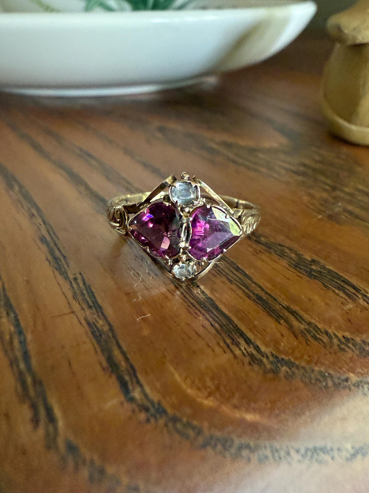 Double HEART Cut Purple GARNET Antique c1862 Love Ring Antique 12k Gold Glowing Figural Band Stacker Victorian