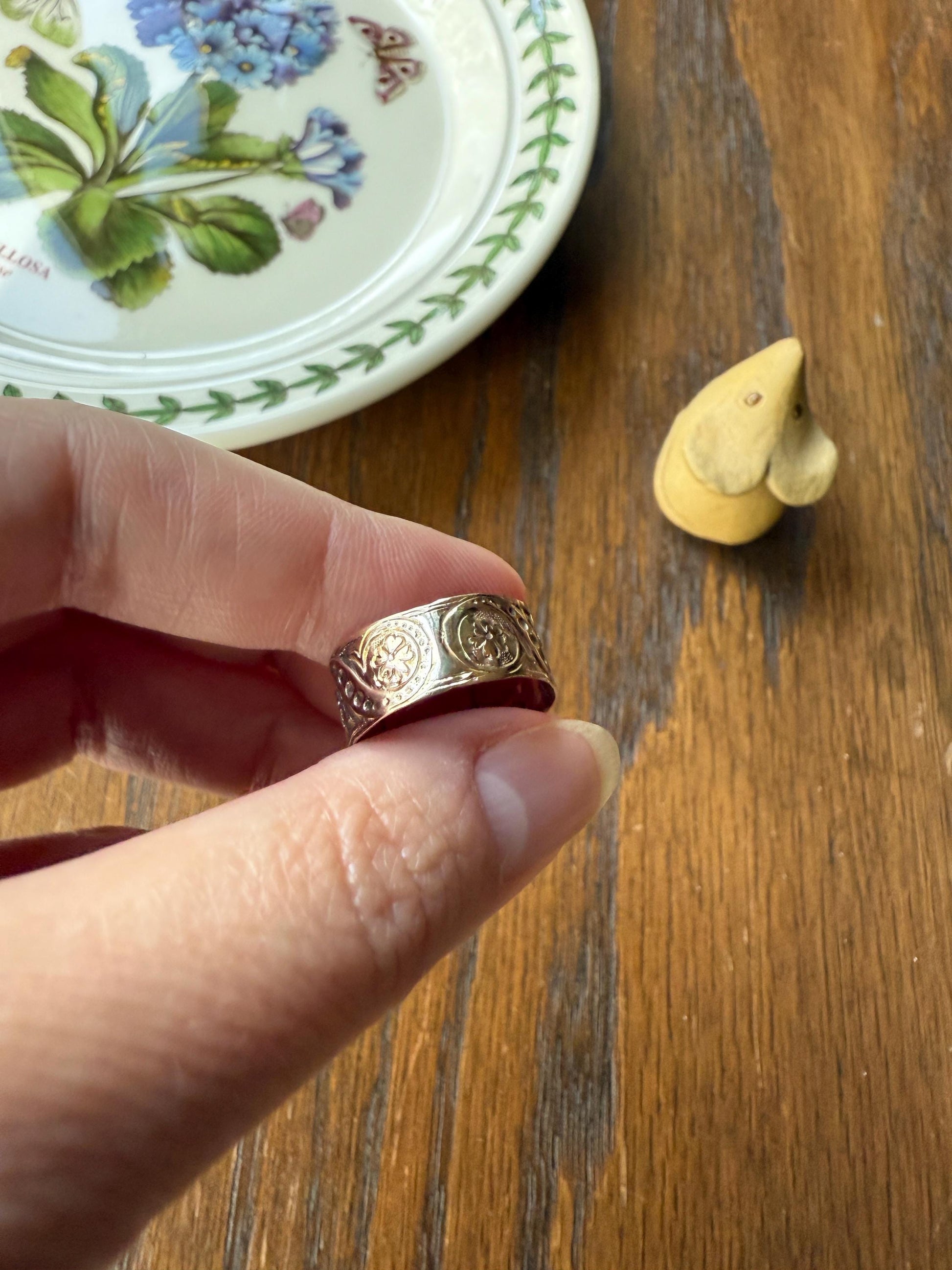 FLORAL Victorian Wedding Ring Forget Me Not 8mm Wide Cigar Band Antique 10k Rose Gold Solid Eternity Stacker Romantic Gift Swirl Flowers