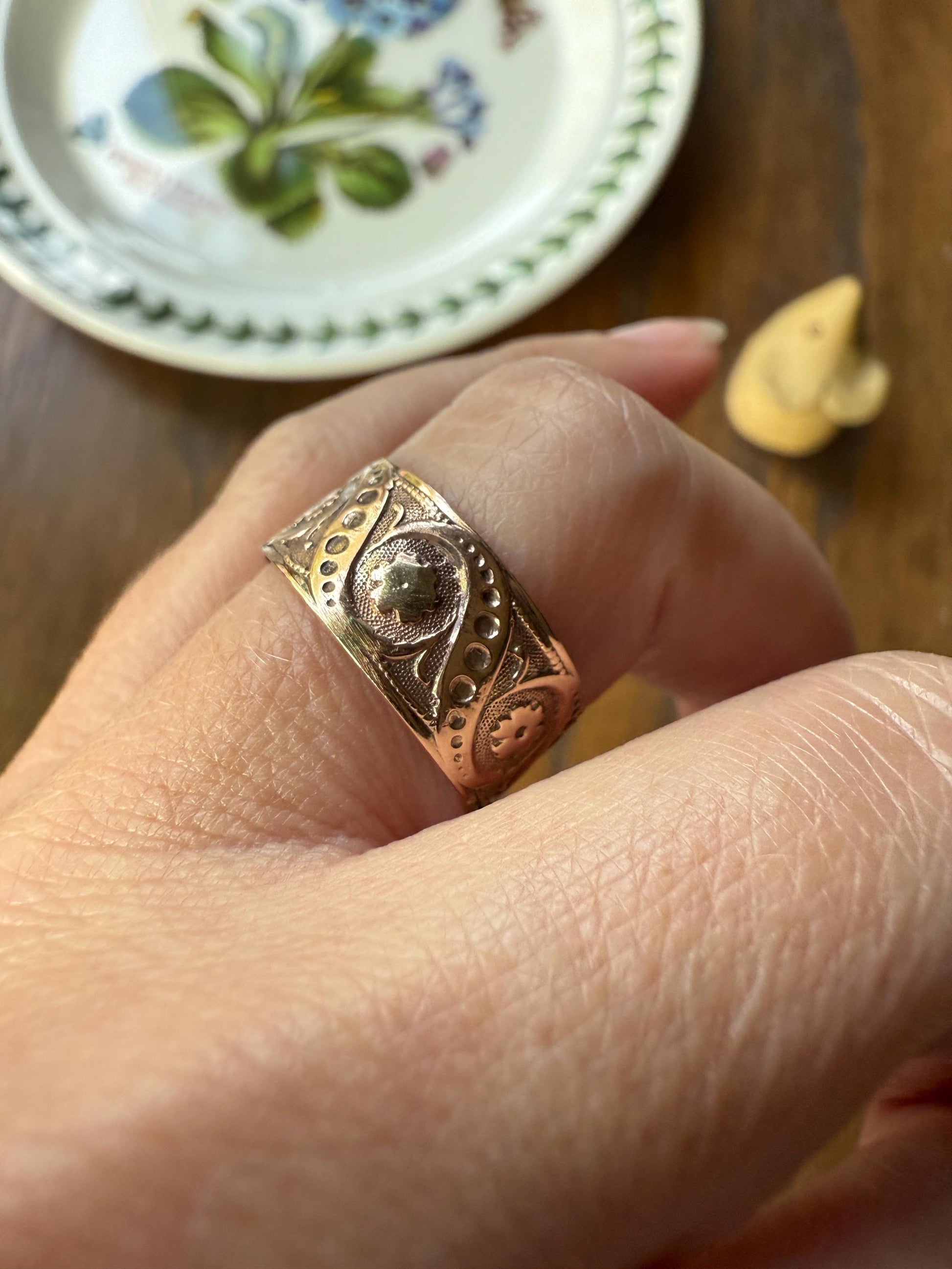 FLORAL Victorian Wedding Ring Forget Me Not 8mm Wide Cigar Band Antique 10k Rose Gold Solid Eternity Stacker Romantic Gift Swirl Flowers
