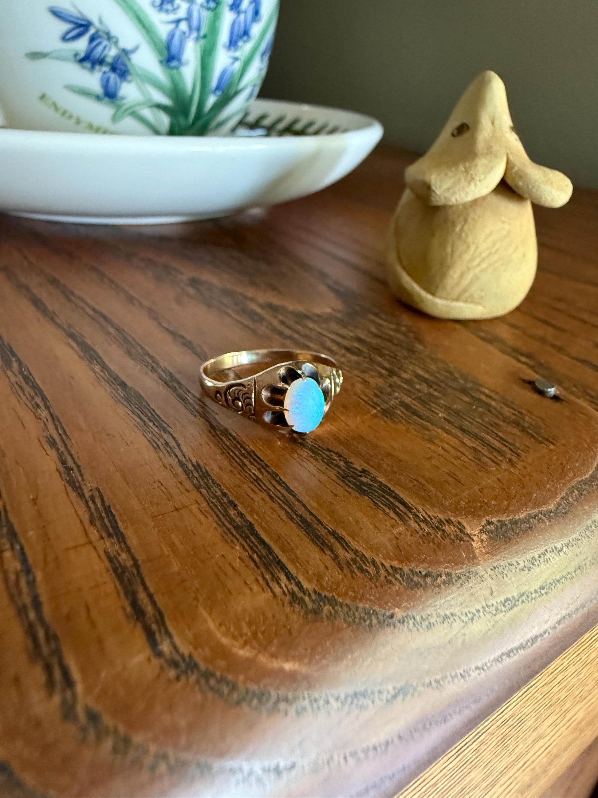 OPAL Blue Antique Oval Solitaire Ring 10k Rosy Gold Art Nouveau Romantic Gift Glowing Orb Minimalist Victorian A+ Color Swirl Shoulders