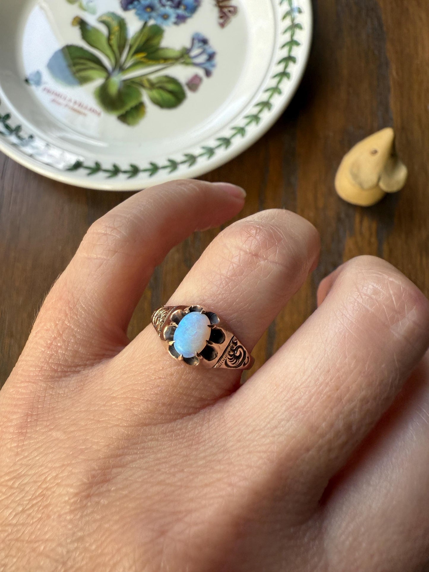 OPAL Blue Antique Oval Solitaire Ring 10k Rosy Gold Art Nouveau Romantic Gift Glowing Orb Minimalist Victorian A+ Color Swirl Shoulders