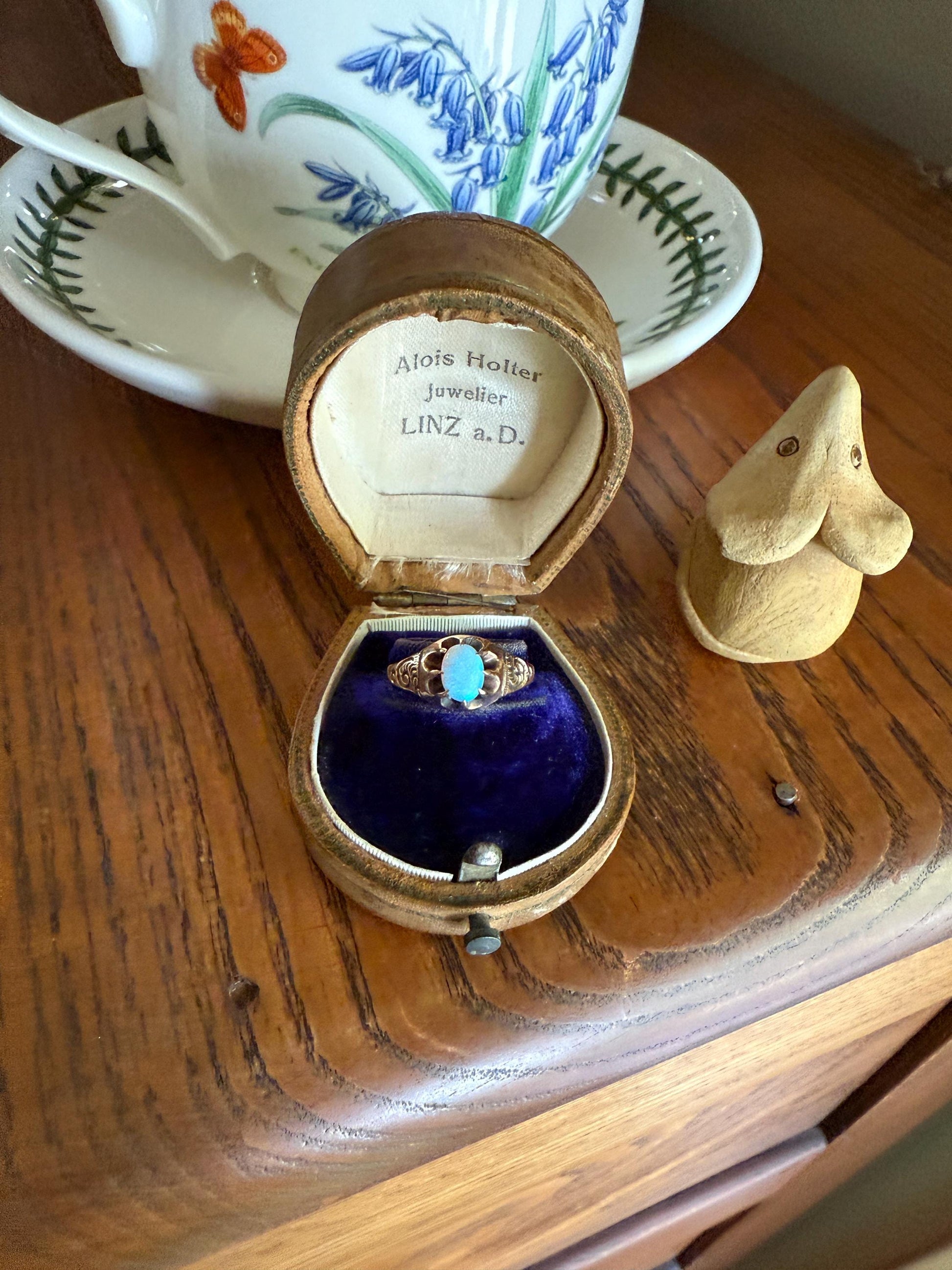 OPAL Blue Antique Oval Solitaire Ring 10k Rosy Gold Art Nouveau Romantic Gift Glowing Orb Minimalist Victorian A+ Color Swirl Shoulders